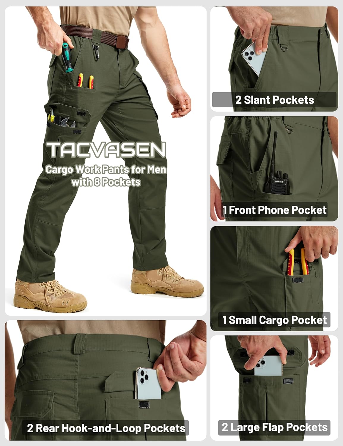 TACVASEN Men's Tactical Pants Water Resistant Ripstop Cargo Work Pants Lightweight Hiking EDC Outdoor with Pockets