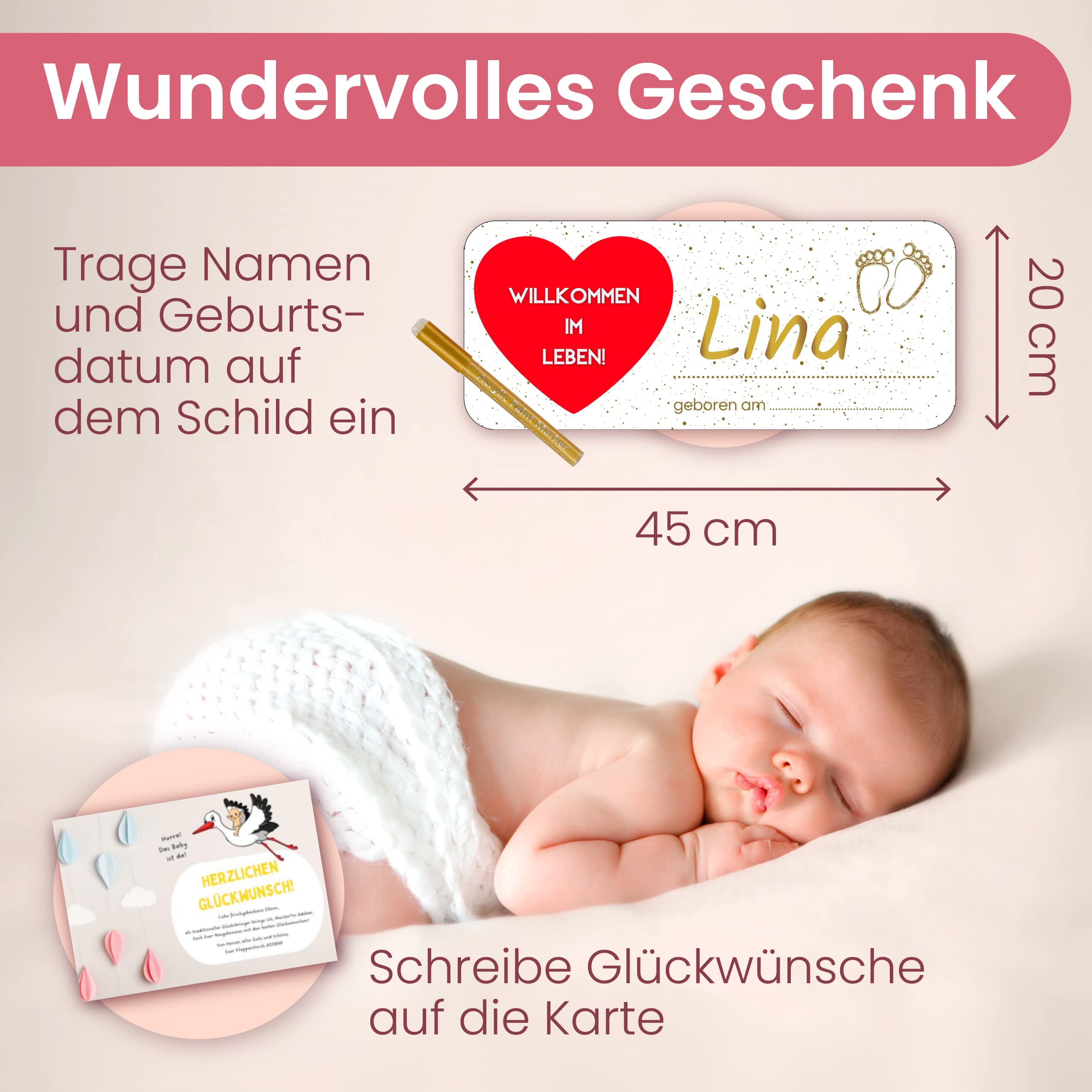 GLÜCKSGUT® Klapperstorch Baby Rosa, 100 cm | 5-teiliges Set | Geburtsstorch inkl. Holzstab + Namensschild + Grußkarte + Stift | Storch Geburt für Draussen & Drinnen | Geburtsgeschenk