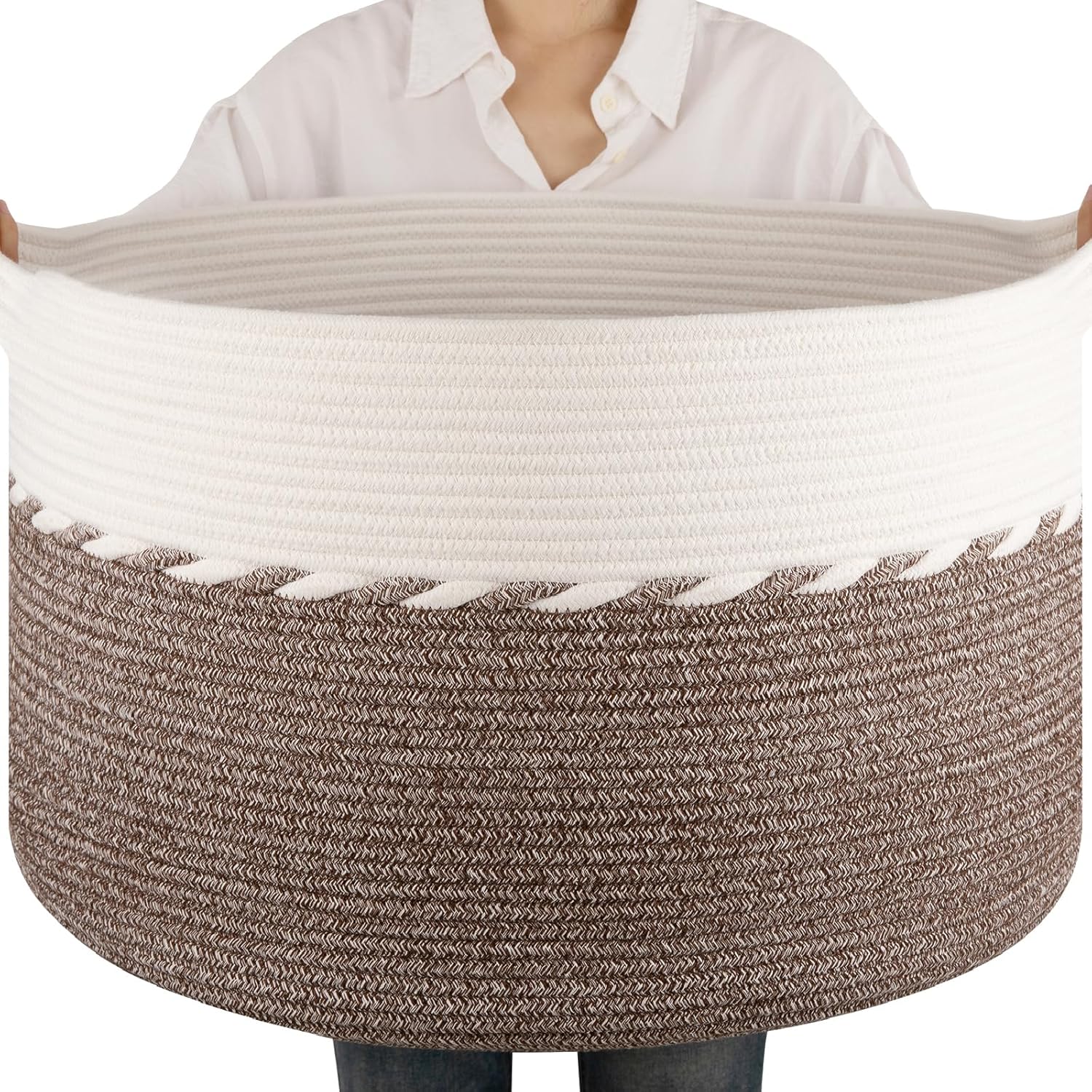 OIAHOMY 90L Blanket Basket for Living Room, Large Basket 23" x 23" x 13" with Handle, Laundry Hamper for Blankets, Pillows, Toy Storage for Kids, Dogs - Brown & White