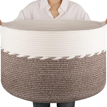 OIAHOMY 90L Extra Large Blanket Basket - Decorative Cotton Rope Storage Basket for Bedroom, Living Room & Nursery - Woven Laundry Hamper for Organizing Blankets, Clothes & Toys - Brown & White