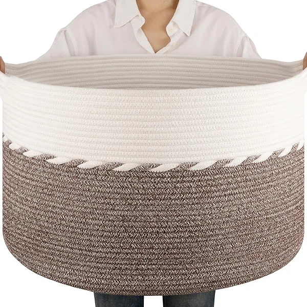 OIAHOMY 90L Blanket Basket for Living Room, Large Basket 23" x 23" x 13" with Handle, Laundry Hamper for Blankets, Pillows, Toy Storage for Kids, Dogs - Brown & White