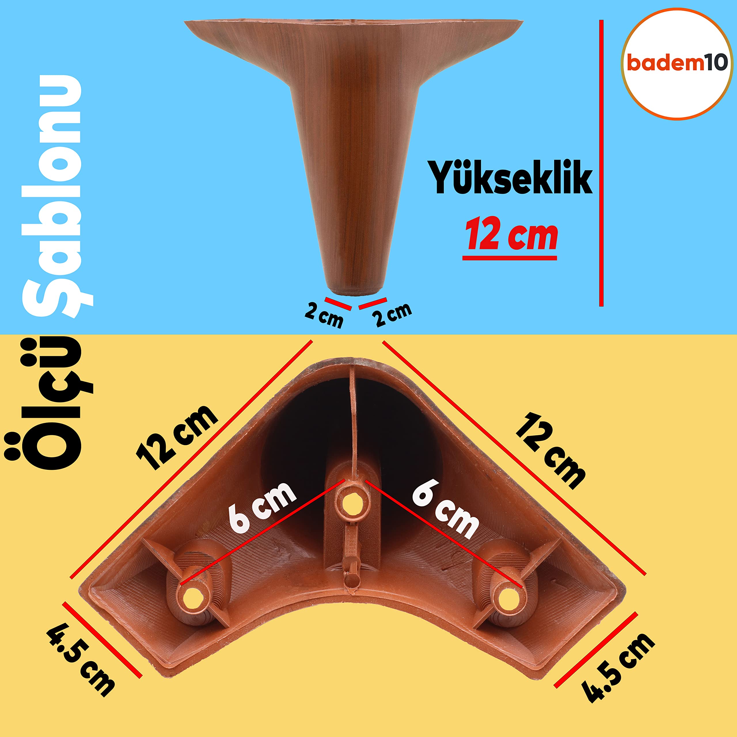 Badem10 Nobel Mobilya Kanepe Sehpa Puf Koltuk Ayağı Kahverengi Baza Ayak 12 cm (4 ADET)