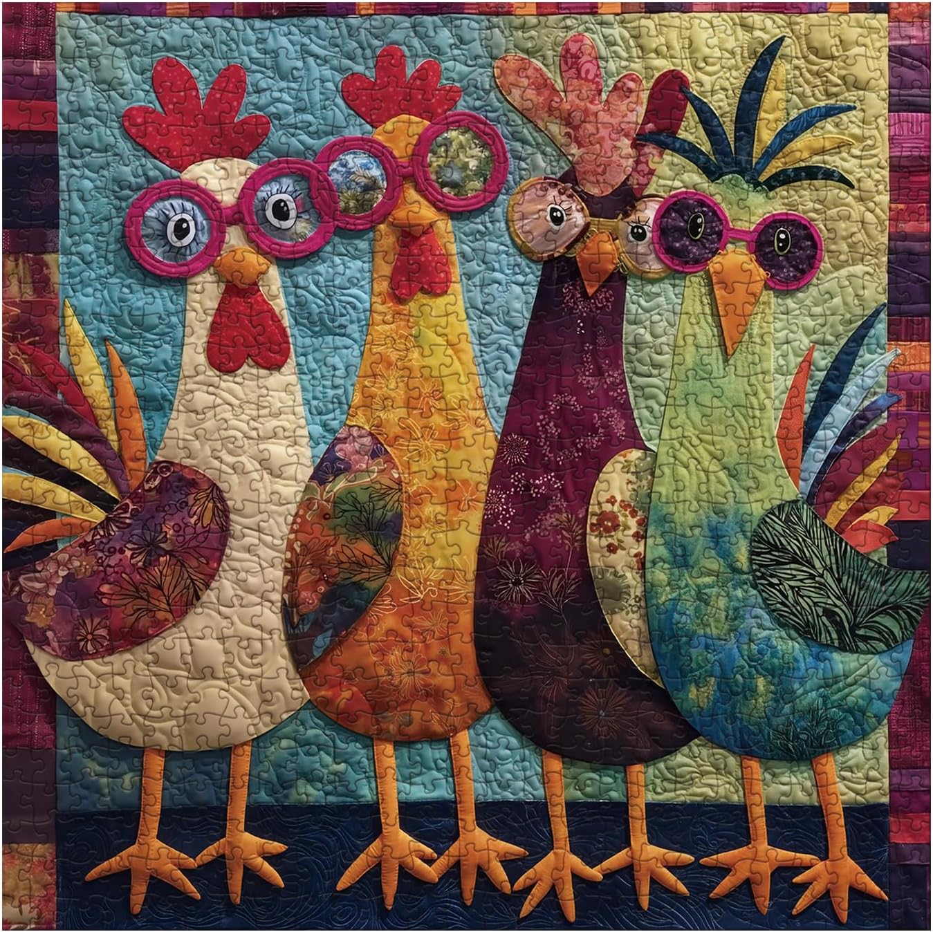 Funny Chicken Puzzles for Adults 1000 Pieces, Colorful Quilt Rooster Jigsaw Puzzle Animal, Vintage Embroidery Patchwork Art Puzzle