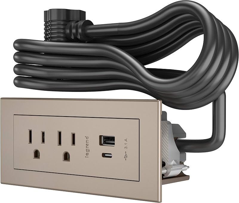 Legrand Wiremold RDZCNI radiant Furniture Power Center with USB, Recessed Power Strip, 2 Outlets, Type A/C USB, 6 Foot Cord, Nickel
