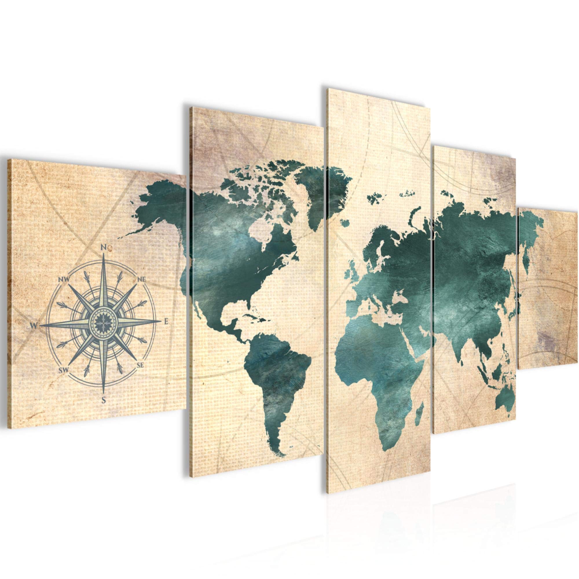 Runa Art - Quadri Mappa Del Mondo 200 x 100 cm 5 Pezzi XXL Decorazione Murale Design Verde Marrone 026051a