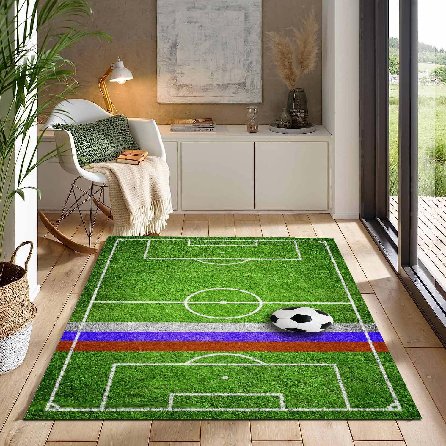Teppich Wohnzimmer 140x200 cm 3D Druck Fußballfeld Muster Fußball Sport Grünes Gras Teppich Kaschmirimitat Anti Rutsch Leicht zu reinigen Waschbare Rückseite für Balkone Korridore Restaurants Q-28