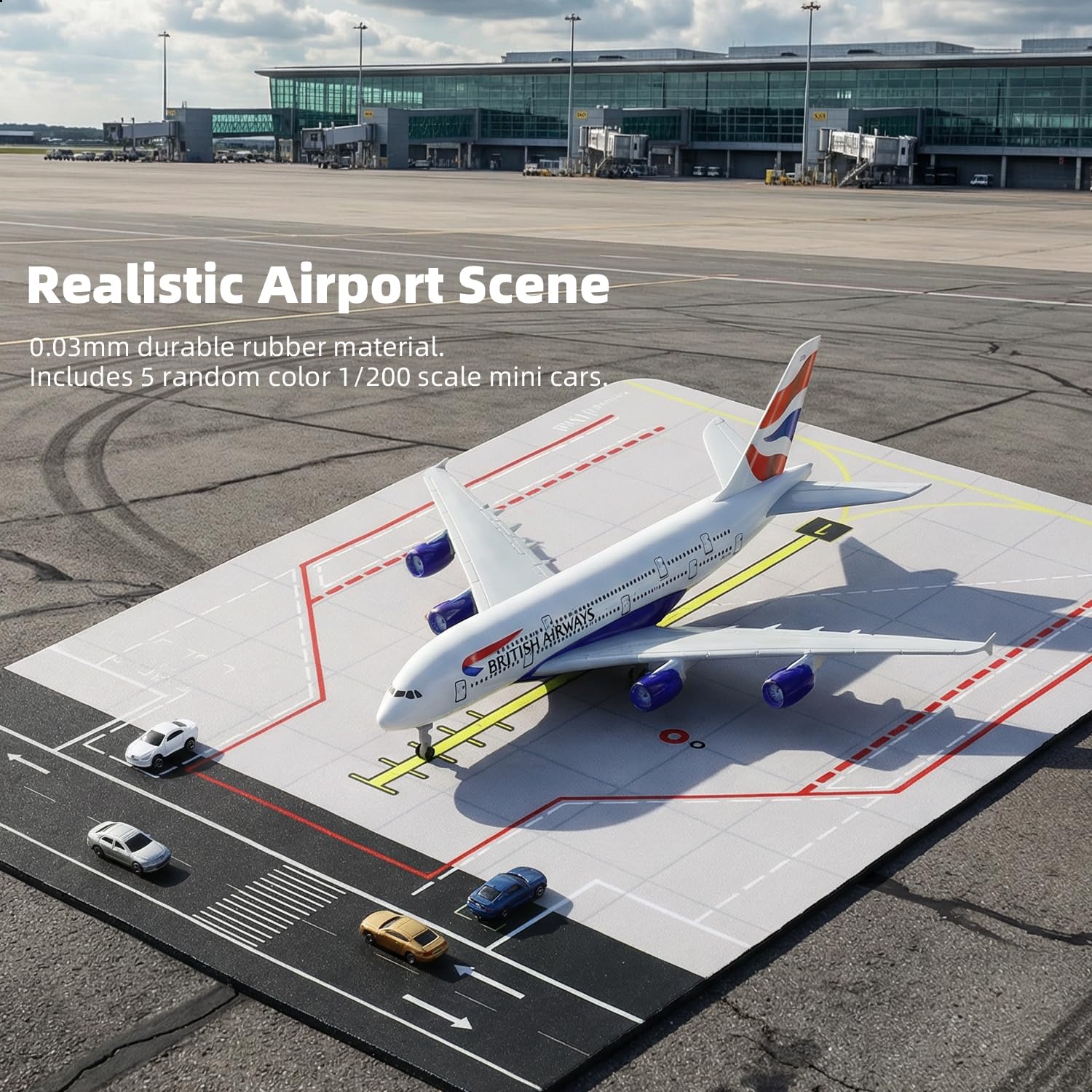 Maquette d'avion Britannique A380 (échelle 1/300) avec Tapis d'aéroport en Caoutchouc et 5 Voitures Miniatures en Métal – Objet de Collection pour Adultes (Scène d'aéroport)