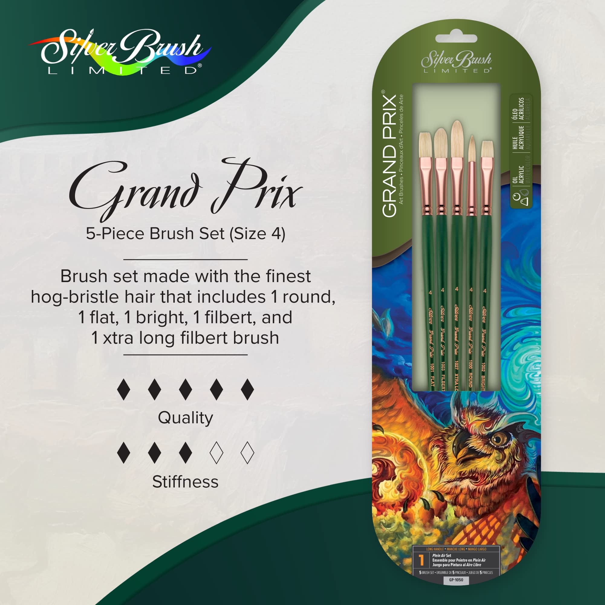 Silver Brush Limited GP-1050 Grand Prix Set Pinceles para pintura al óleo, redondos, planos, brillantes, filbert y extra largos, tamaño 4, mango largo, juego de 5 pinceles