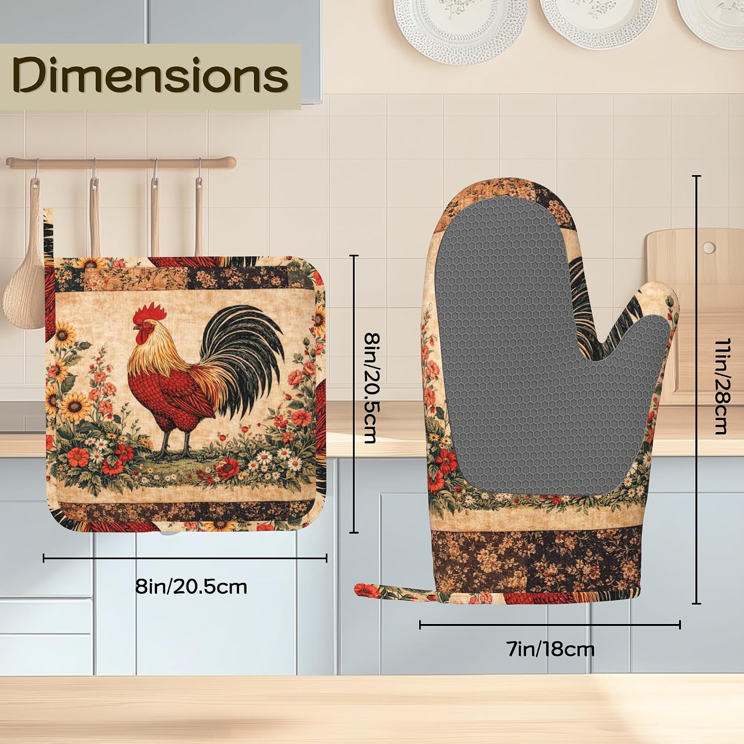 Vintage Rooster Oven Mitts and Pot Holders Sets of 4 PCS, Sunflowers Wildflowers Oven Gloves Potholder for Kitchen Cooking Baking BBQ Heat Resistant