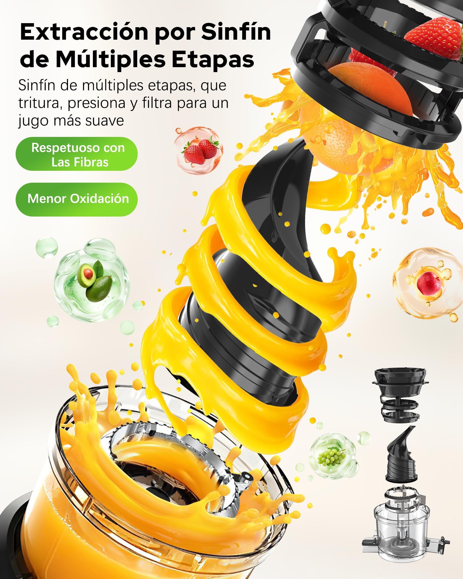 WIE Extractor de Zumos y Verduras, 300W Licuadora Prensado en Frío | Slow Juicer Machine con Boca XL 135mm, Capacidad 2,2 L para Frutas y Verduras Enteras, Fácil Montaje y Limpieza, Sin BPA