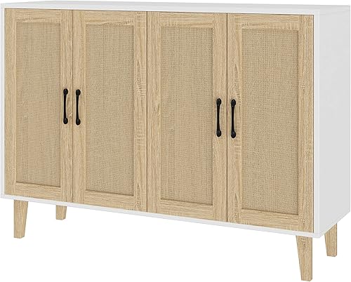 Panana Gabinete de almacenamiento de buffet con decoración de ratán de 4 puertas, sala de estar, cocina, aparador de 48.43 x 34.65 x 15 pulgadas Panana Gabinete de almacenamiento de buffet con decoración de ratán de 4 puertas, sala de estar, cocina, aparador de 48.43 x 34.65 x 15 pulgadas