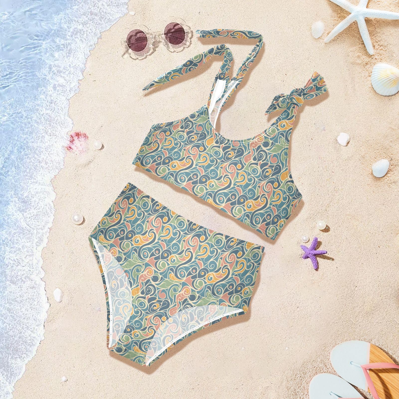 Abstract Pattern Girls Two Piece Tankini Swimsuits Summer Beach Swimwear Set Bathing Suit, 7-8T Multicoloured