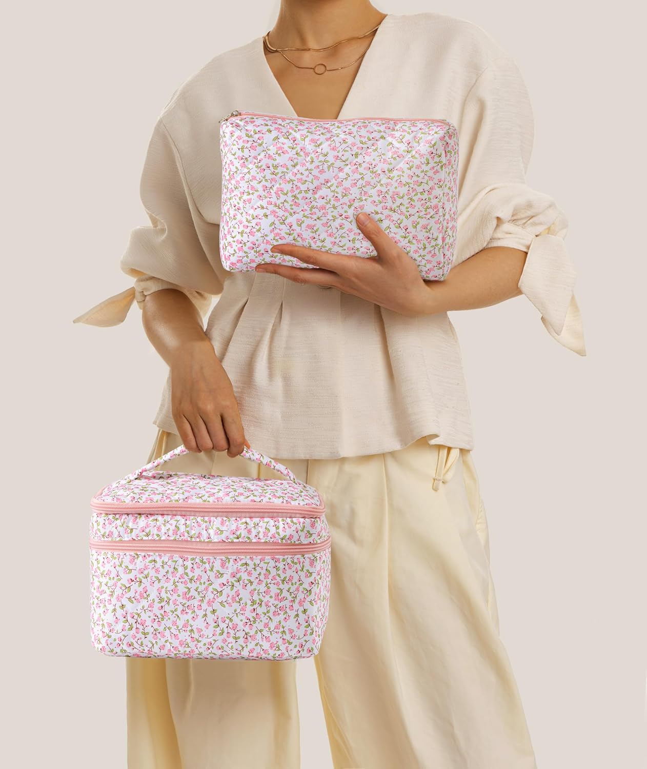 HBselect 2Pcs Travel Makeup Bag, Large Cotton Quilted Makeup Bag Cosmetic Bag Cute Make up Bag Toiletry Bags for Women Girls - Image 7