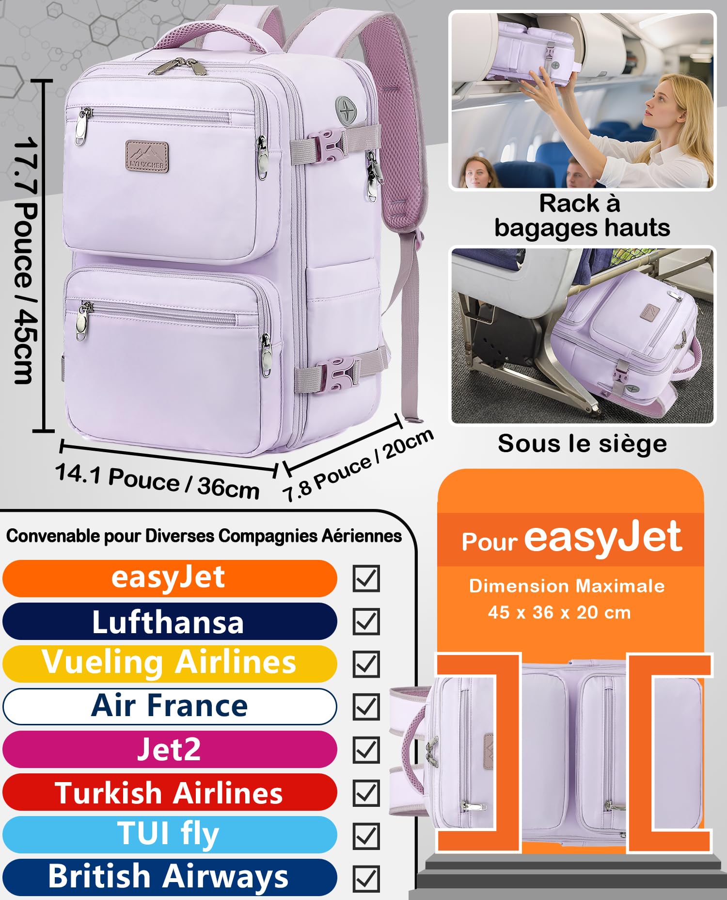 Sac a Dos Voyage Cabine Avion 45x36x20 pour easyjet Bagage Cabine Sac à Dos Voyage 30 L Bagage à Main pour Femme Homme Ordinateur Portable 15.6 Pouces(Violet Clair,M)