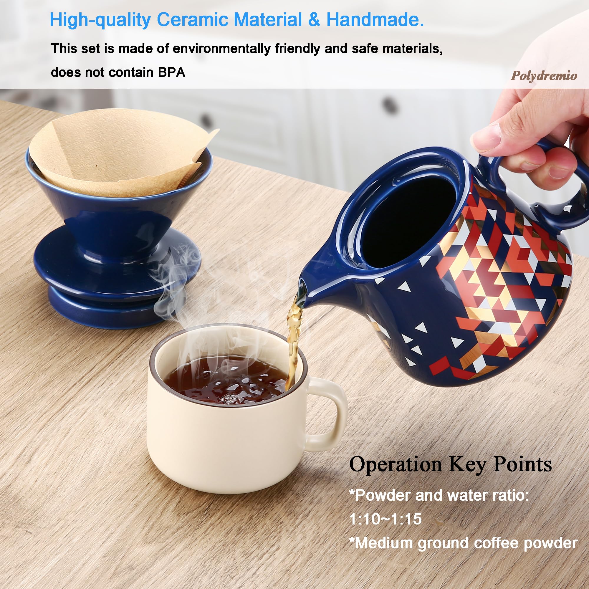Cafetera de vertido, gotero de café de cerámica con 100 filtros de papel tamaño 02, servidor de café de cerámica con tapa, 450 ml, adecuado para 1-2 personas (azul)