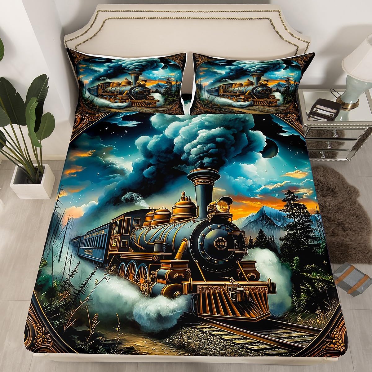 Cartoon Excavator Kids Fitted Sheet Full Size,Tractor Construction Equipment Vehicle Bedding Set,Boys Girls Room Decor,Machinery Truck Car Bed Cover,Yellow Bed Sheet,2 Pillowcases(No Flat Sheet)