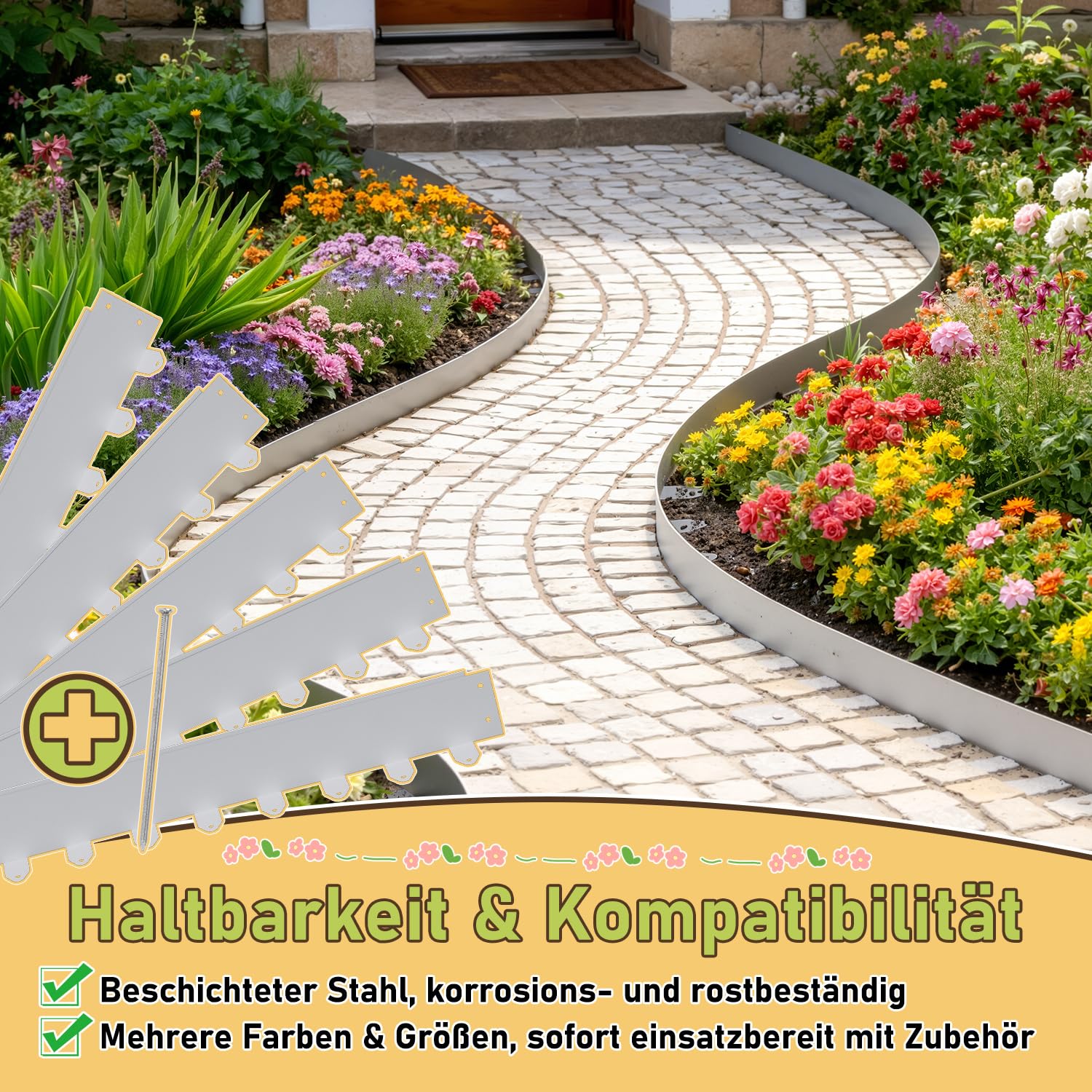 Lot de 25 bordures de pelouse flexibles en métal argenté - 100 cm x 5 cm - Résistant aux intempéries - Installation facile avec ancrage au sol - Bordure de tonte pour parterres de fleurs