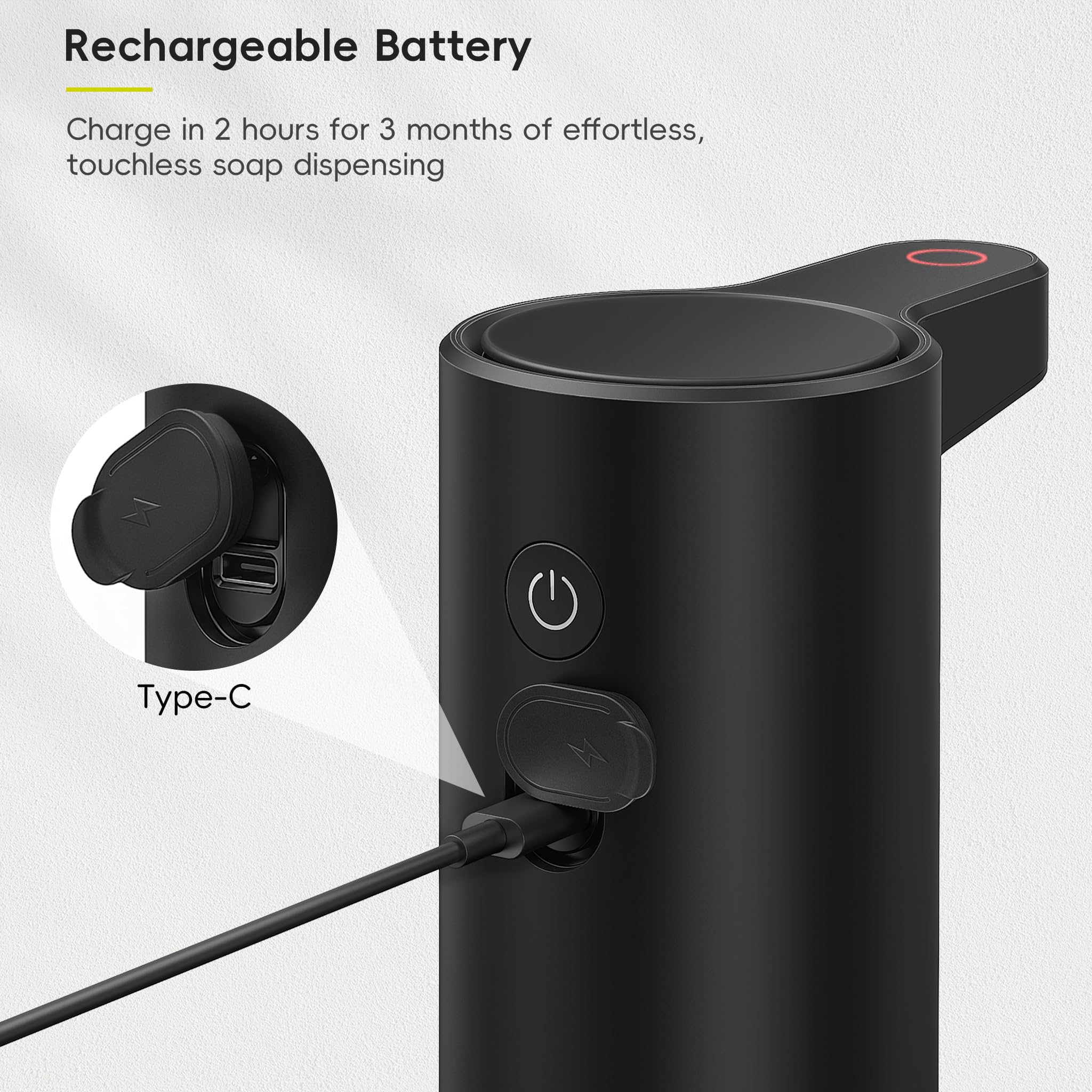 EKO Aroma - Dispensador automático de jabón líquido, Recargable y Resistente al Agua para Cocina y baño con Control de Volumen Ajustable (Acero Negro Mate)