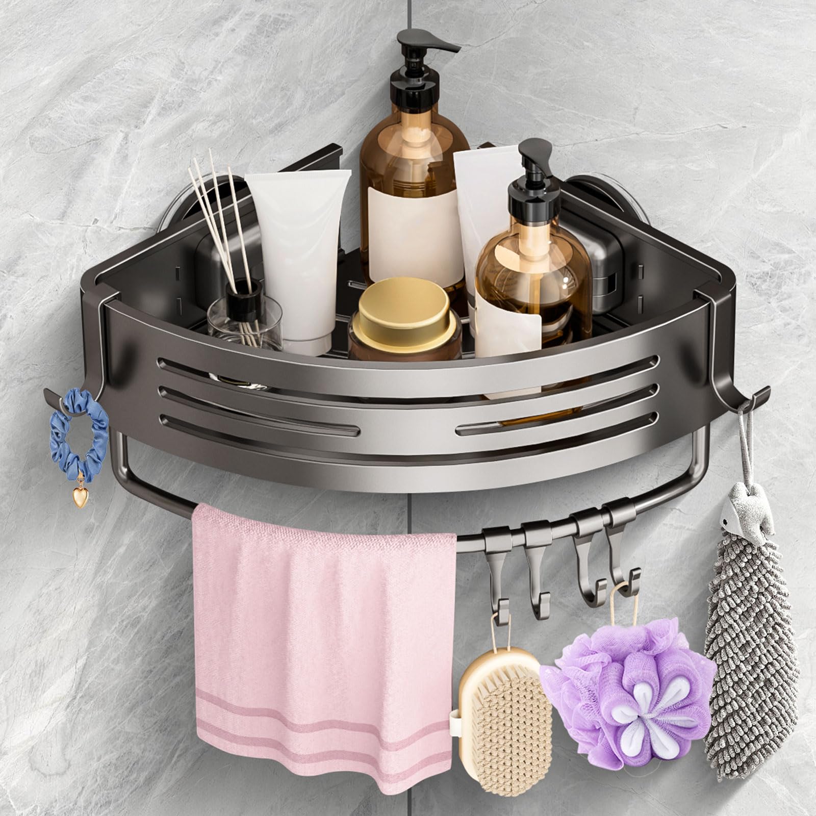 OKEJUNYE Corner Shower Caddy Suction Cup, Shower Shelves Organizer for Bathroom Storage, Aluminum No-Drilling Removable Rustproof Shower Shelf Rack