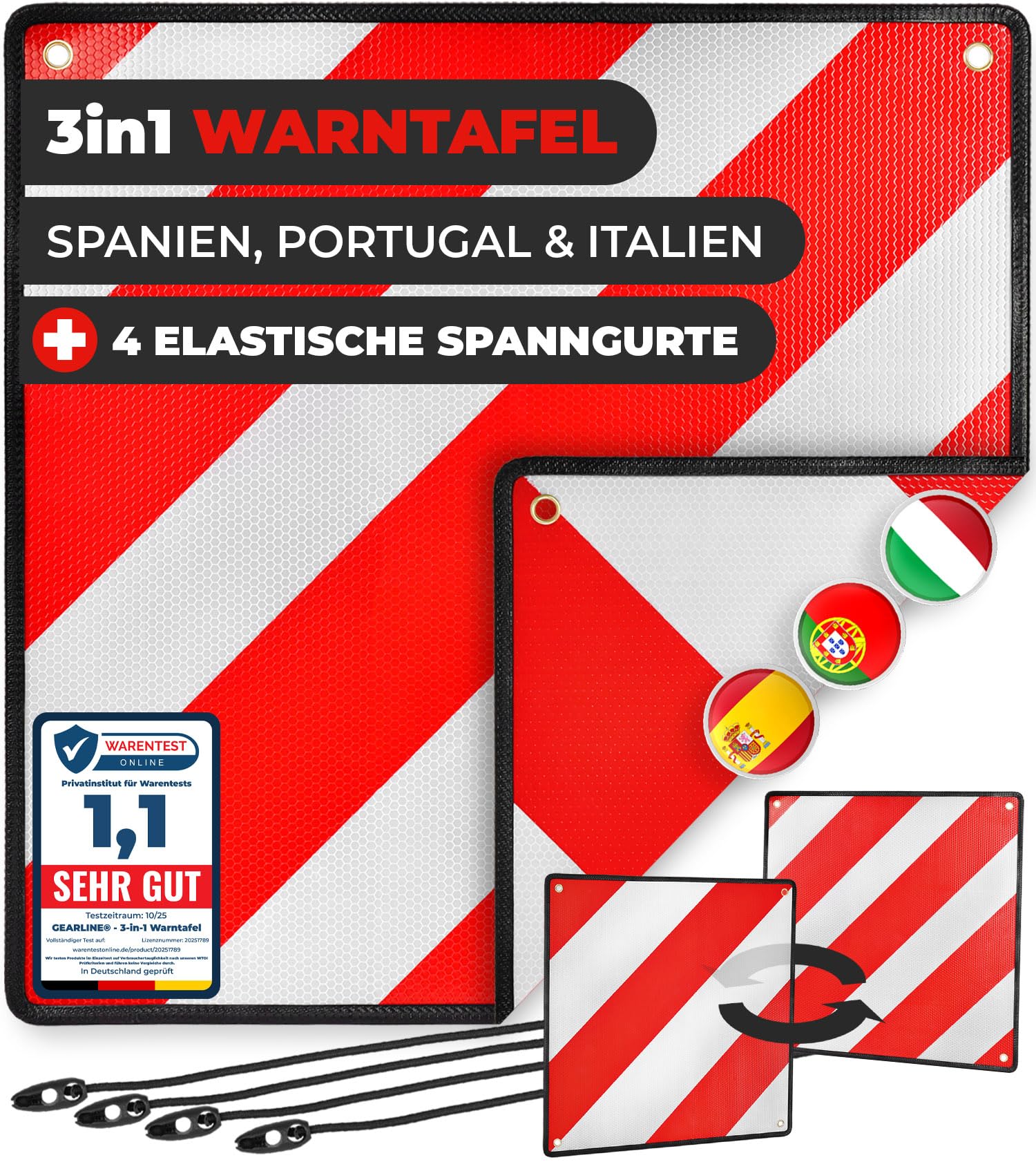 GEARLINE® 3-in-1 Warntafel für Italien, Spanien & Portugal [inkl. 4 Spanngurte] - Reflektierendes Warnschild für Heckträger bei Reisen nach Spanien, Portugal & als optische Kennzeichnung für Italien