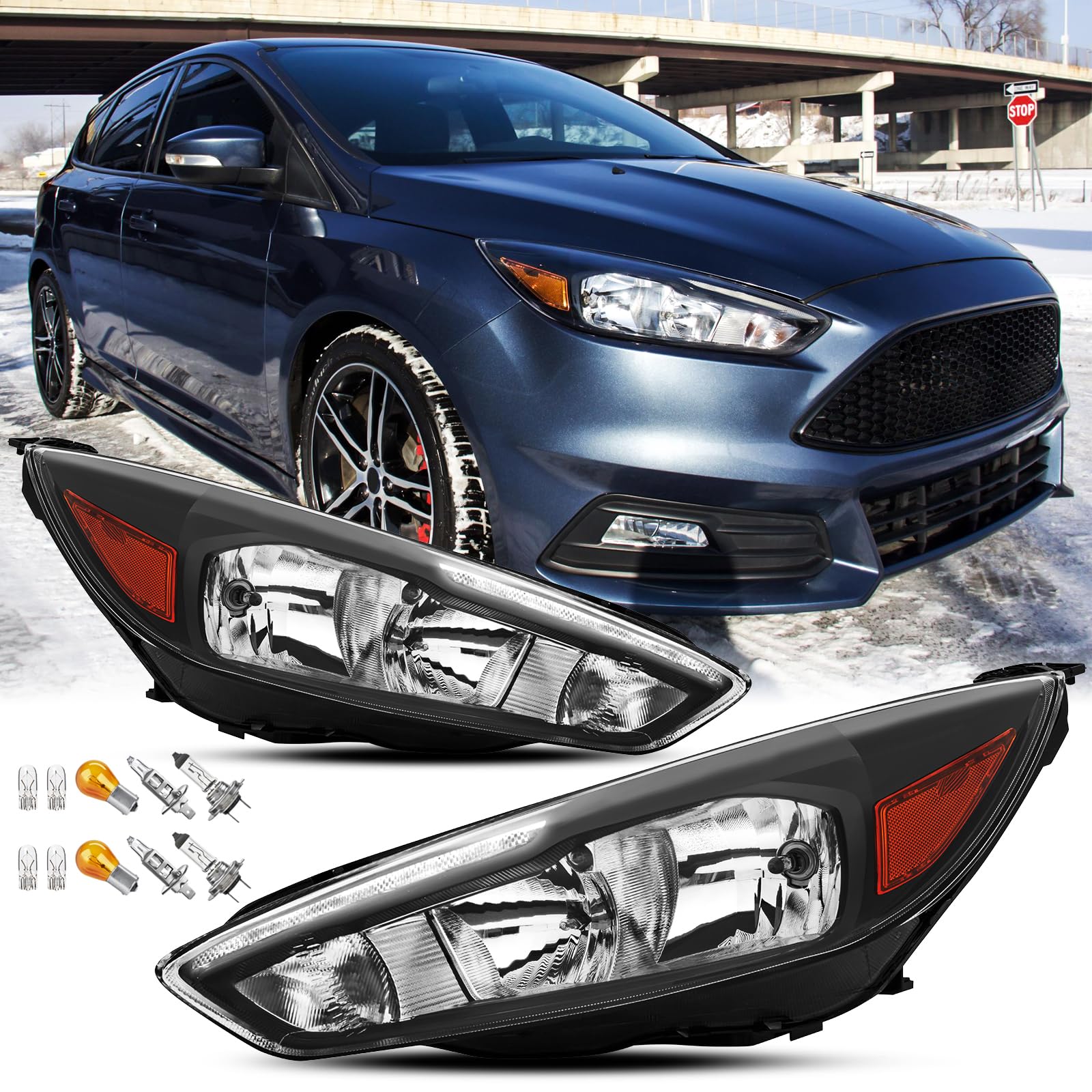 LED DRL Headlights Assembly (ST Style) Compatible with 2015 2016 2017 2018 Ford Focus W/Bulbs Black w/Amber Headlamp Assy. 1x Pair