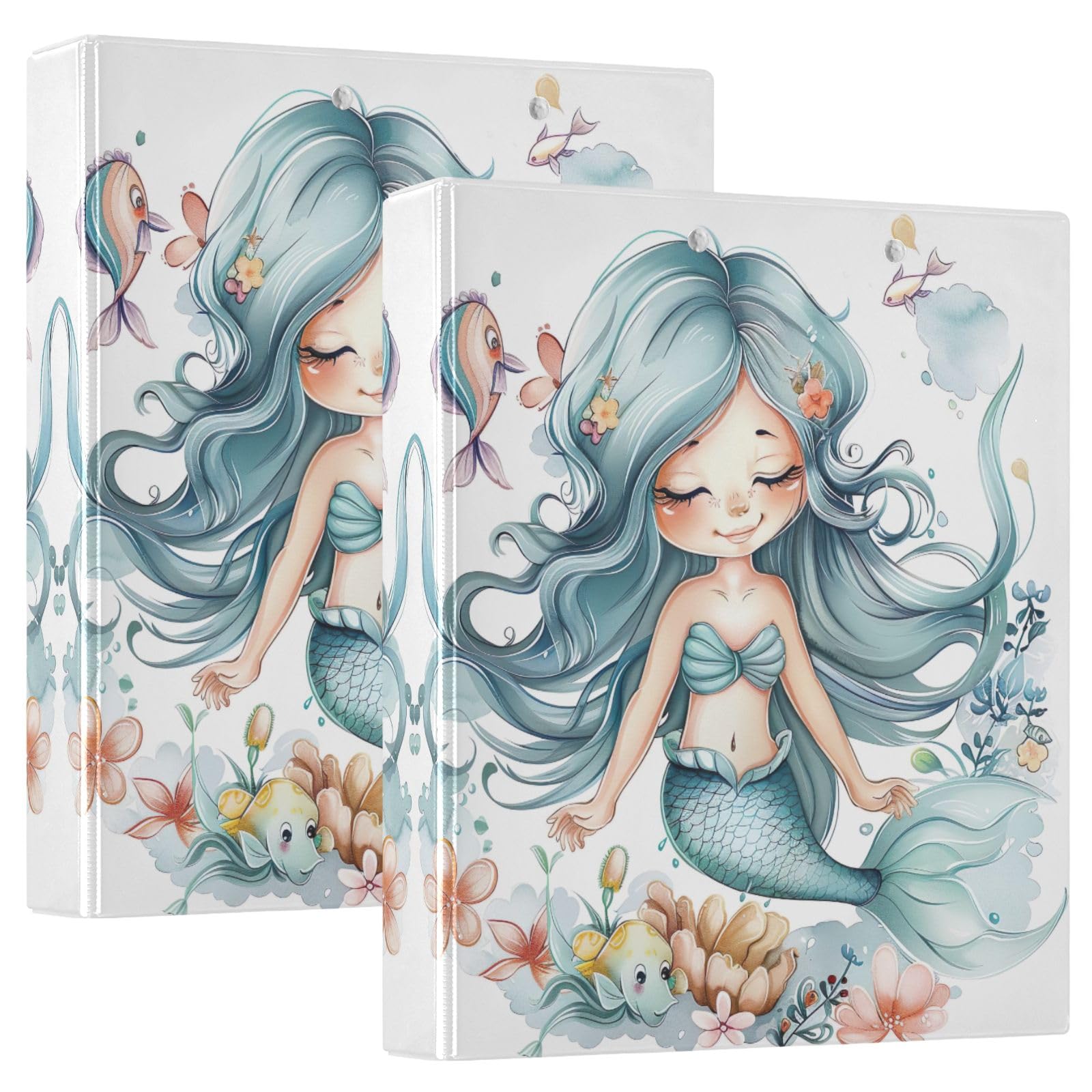 3 ringmappen 1,5 inch 2 stuks, schattige zeemeermin met bloemen, drie ringmappen decoratief met 3 binnenzakken, D-ring voor school, kantoor, thuis