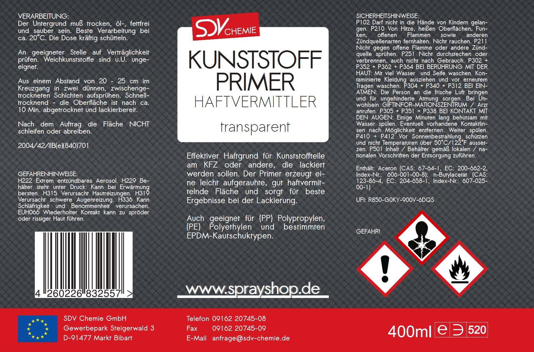 SDV Chemie Kunststoffprimer transparent 12x 400ml Haftgrund | Haftvermittler, Grundierung, Kunststoff, Plastic, Plastik
