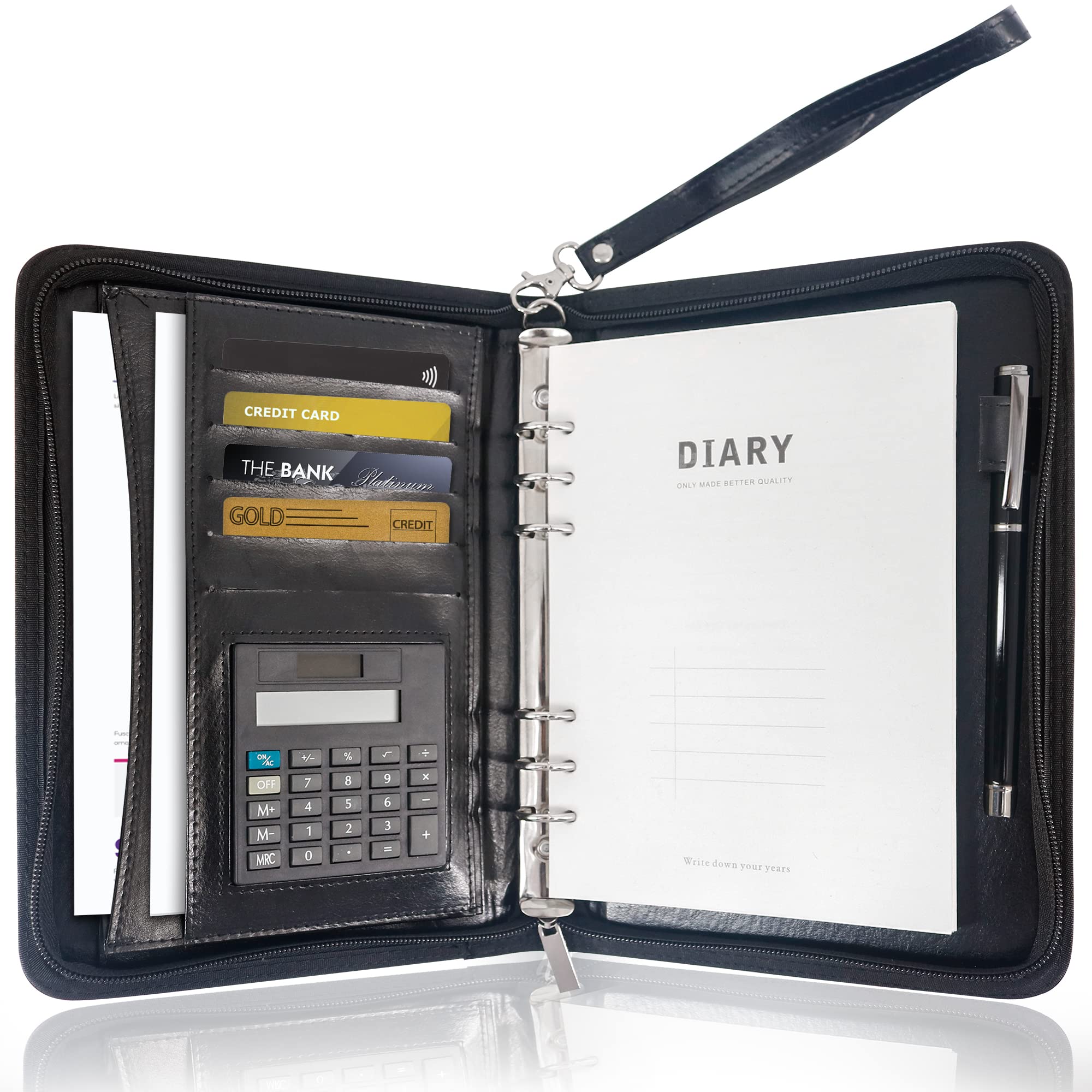 GraduatePro A5 Carpeta de Conferencias Zipper Cuero, Carpeta de Documentos para Viaje, Carpeta Organizadora Personal Agend, Diseñado para Negocio y para Tomar Notas, Negro
