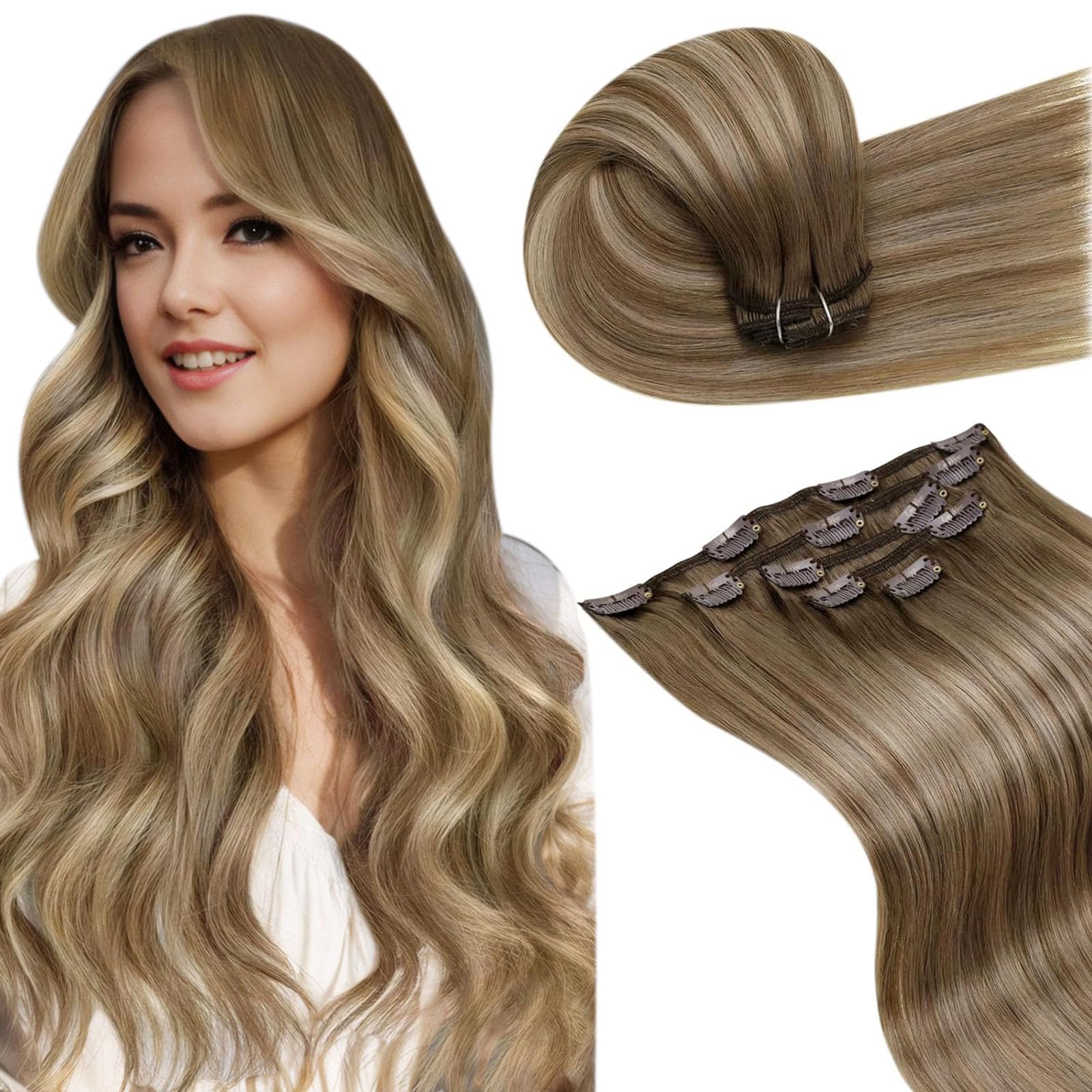 LaaVoo Clip in Hair Extensions Real Human Hair Light Brown Hair Extensions Clip in Straight Balayage Blonde Remy Hair Full Head Double Weft 80g 5pcs 20 Inch #8/16/8