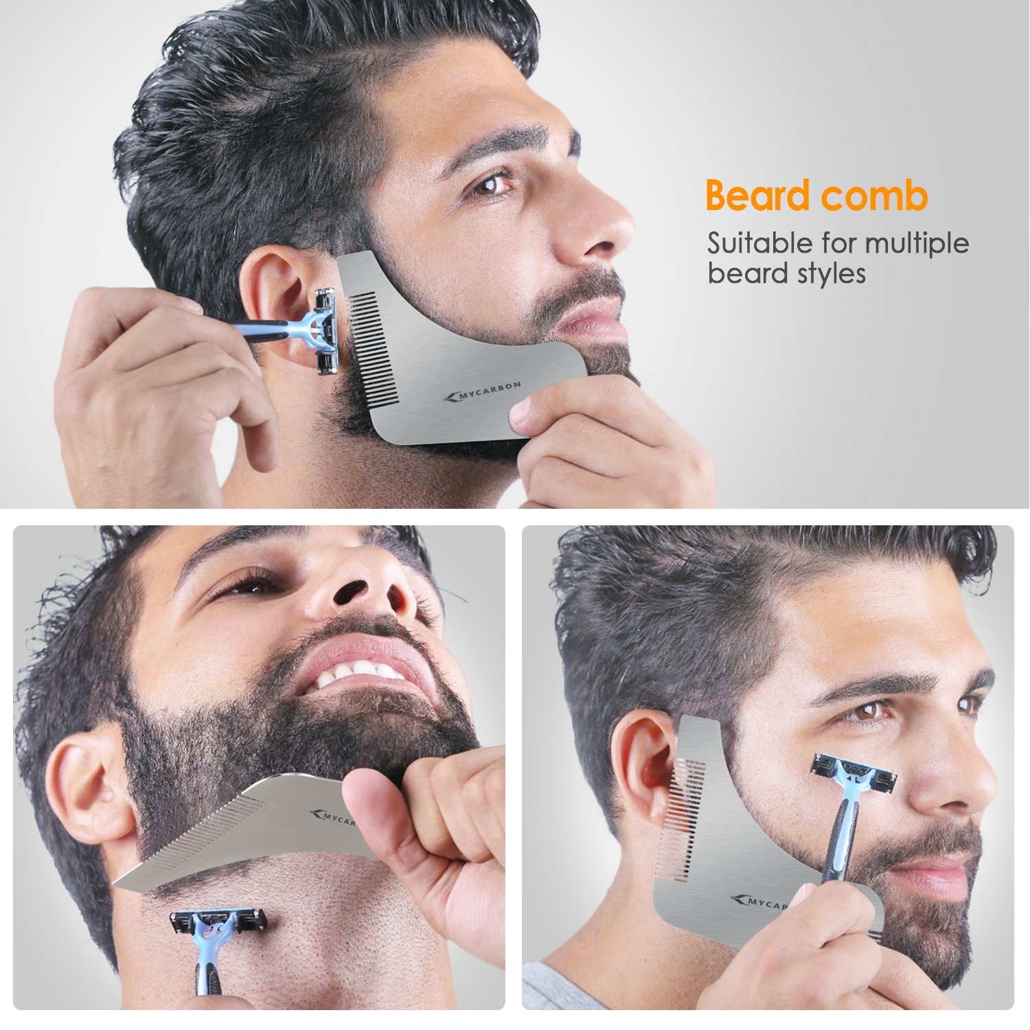 MYCARBON Pettine Barba Forma Uomo in Acciaio Inossidabile Disegno Z per Styling Taglio Barba Pettine da Barba Modellante Portatile