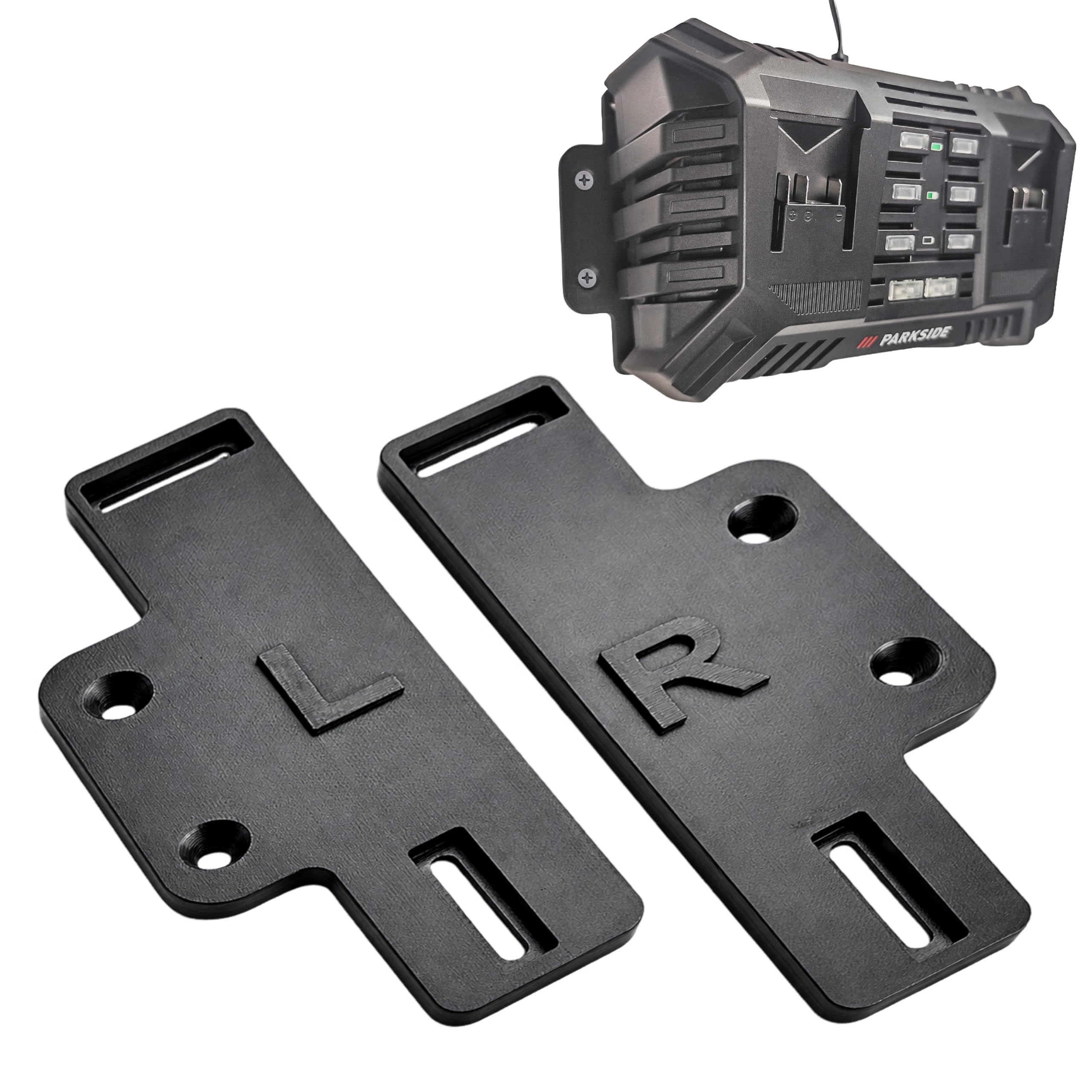 Decoralin Black Wall Mount Bracket For Parkside Pdslg Series Double Battery Chargers | Secure Dual Charger Wall Organiser For 20V & 12V | Precision-Fit Heavy-Duty Storage Kit Including Wall Fixings