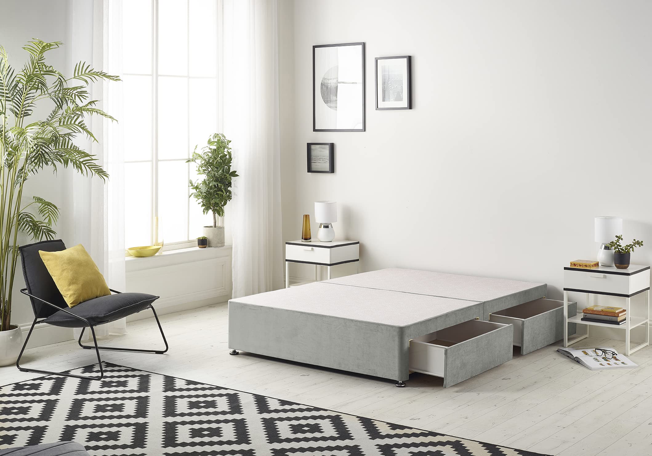 Bed Centre Galaxy Grey Fabric Divan Base Drawers And Headboard. Size 3FT 4FT 4FT6 5FT 6FT Choose Delivery Day And Date At Checkout (4FT Small Double, Base Only No Drawer No Headboard)