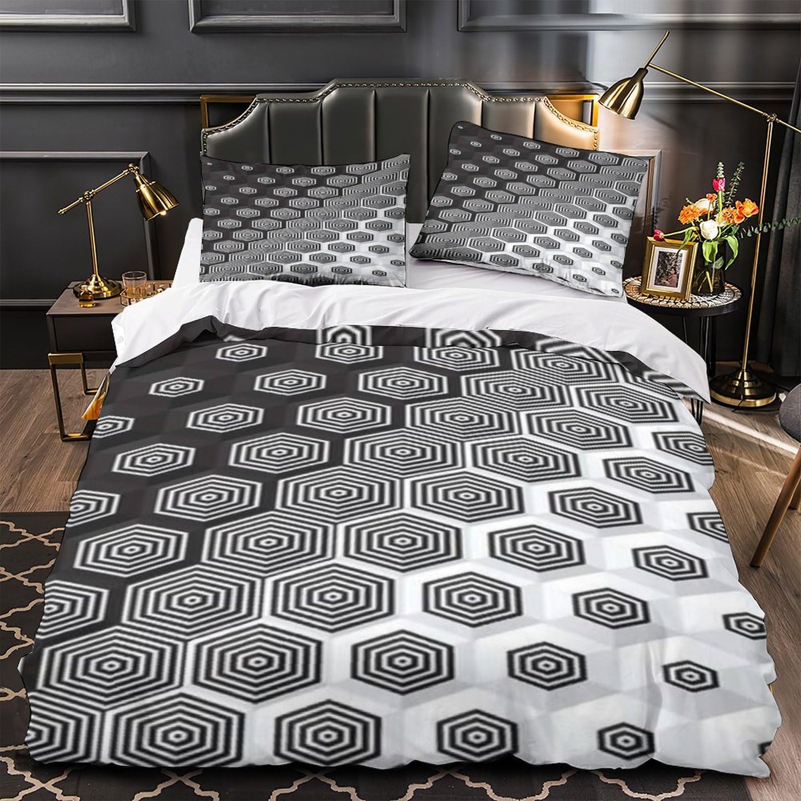 Housse de couette noire et blanche hypoallergénique et facile à repasser 220x240