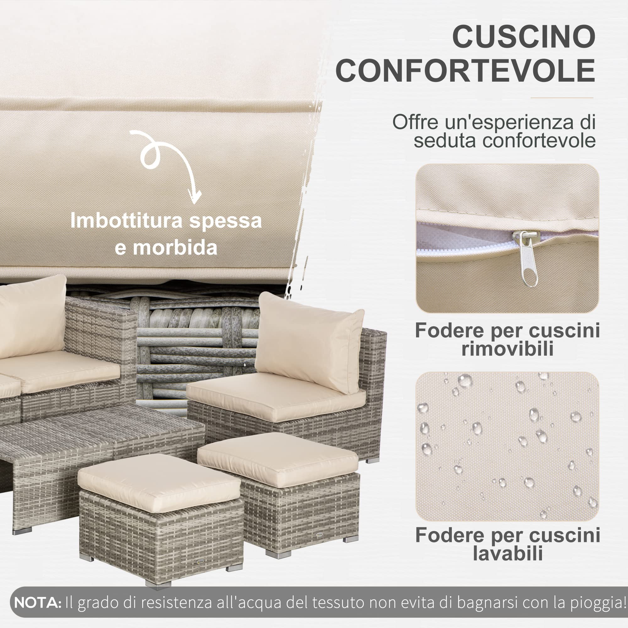 Outsunny Salotto da Esterno in Rattan PE da 8 Pezzi, Set Mobile da Giardino Salvaspazio con Poltrone, Tavolini e Sgabelli, Beige