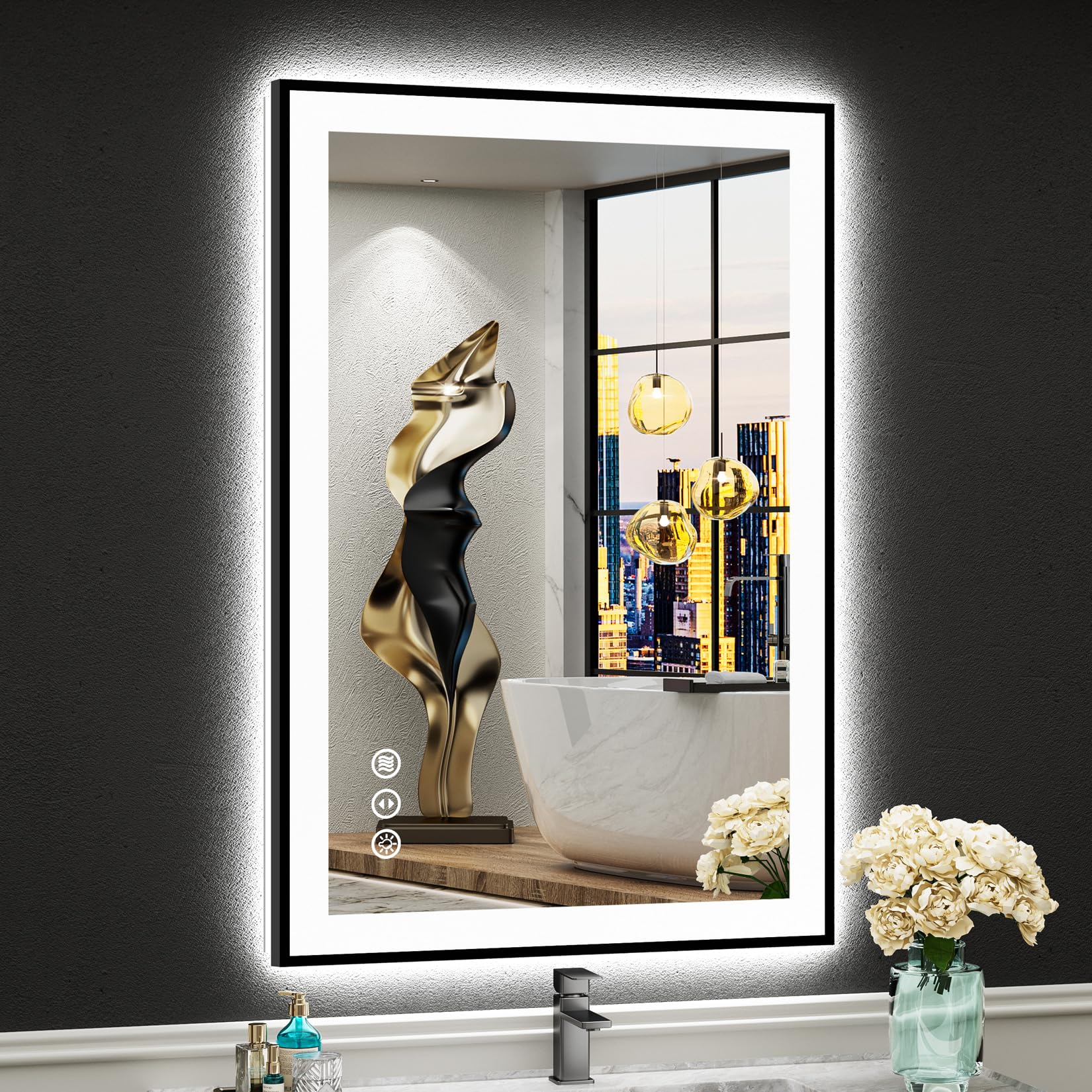 24x36 Black Framed LED Bathroom Mirror with Lights, Backlit and Front Lit Anti-Fog Lighted Vanity Mirror for Bathroom Wall, Dimmable, 3 Colors, Memory, Shatter-Proof, HD Tempered Glass, CRI 95