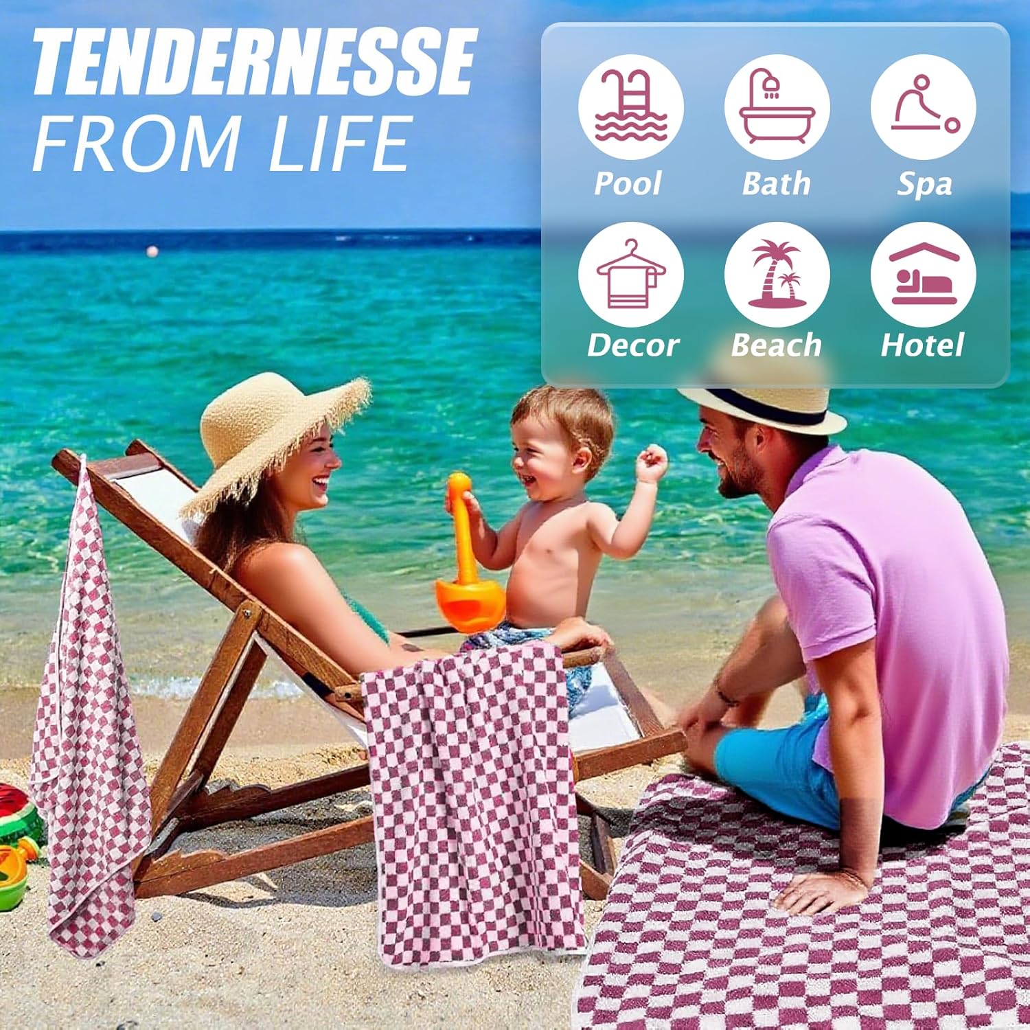 2 Pack Pink Checkered Bath Towel Set, Cotton Towels, Quick Dry and Lightweight, Large Absorbent Shower Towels for Bathroom, Pool, Beach, Send Goods from Local Warehouse