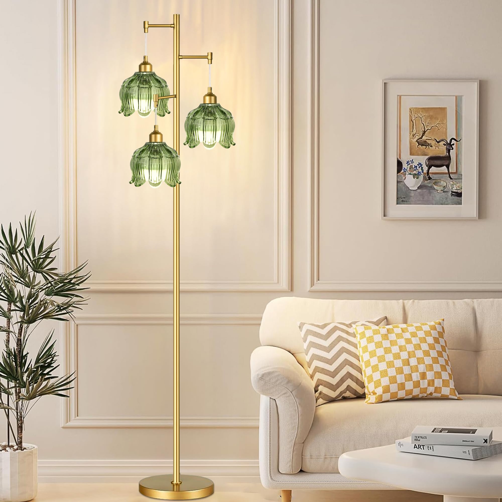 ZECOXOL Vintage Floor Lamps for Living Room Bedroom-3 Light Glass