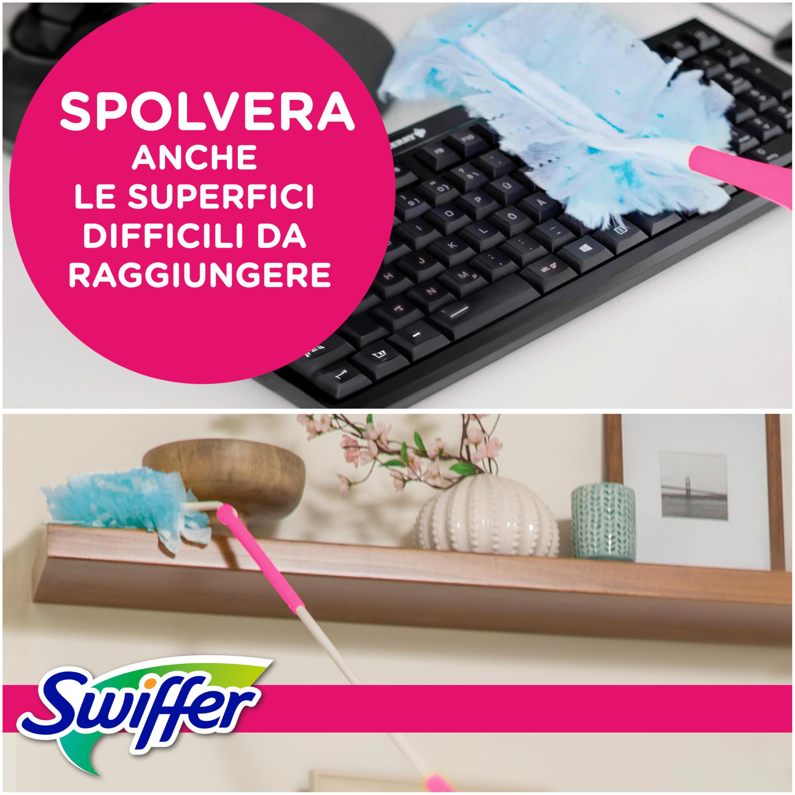 Swiffer Pink Duster Piumini Catturapolvere, 54 Piumini, Cattura e Intrappola Polvere e Sporco, Raggiunge i Punti Più Difficili della Casa, Piumini con 45% di Fibre Riciclate