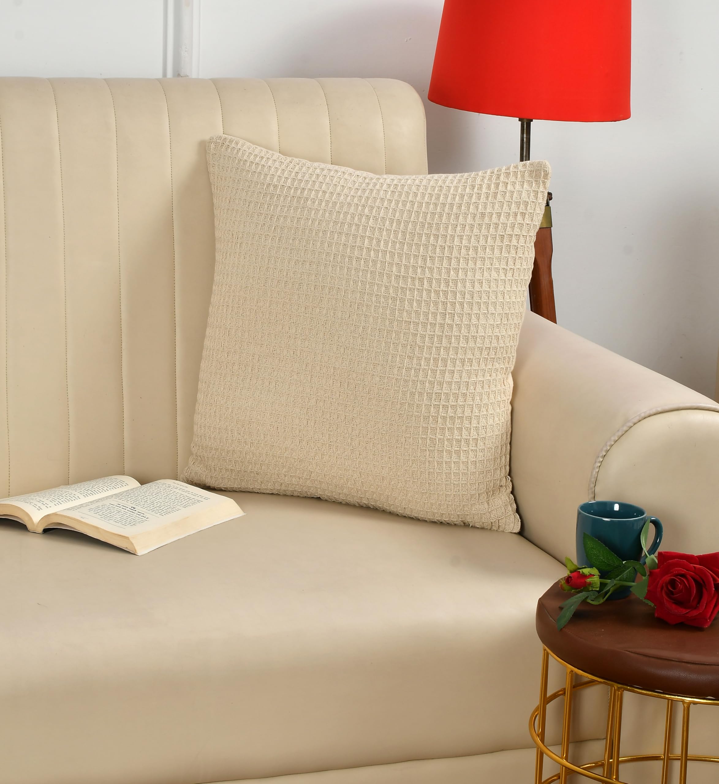 SASHAA WORLD Cotton Ivory Waffle Cushion Cover | 50x50 cm Decorative Pillow Cover with Soft Textured Weave | Breathable & Stylish Throw Pillowcase for Sofa, Bed, or Chair-image-30