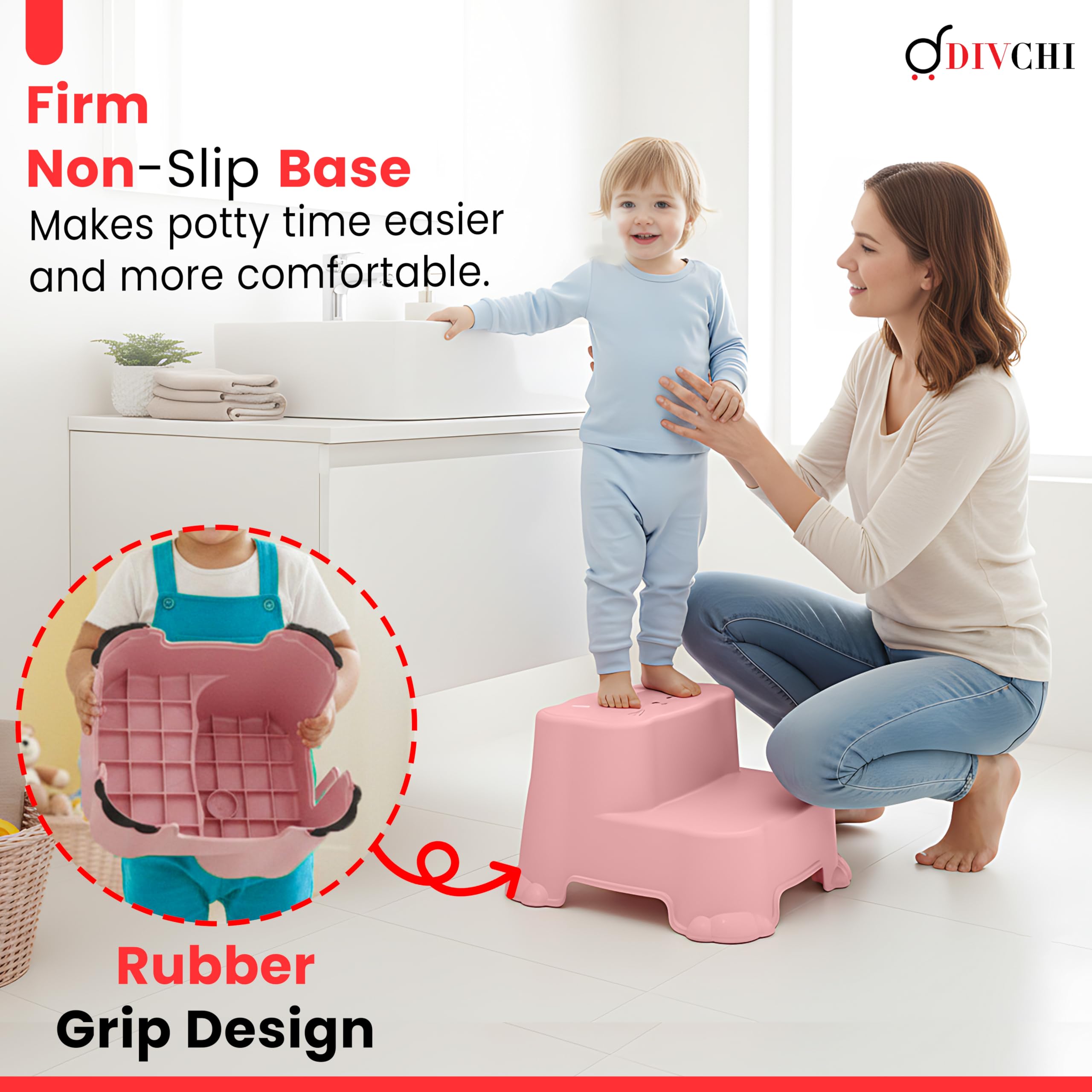 DIVCHI Two-Step Stool For Kids Slip Ressistant Rubber Grip Nursery Step Stools Lightweight Portable Potty Training Stool With Non Slip Base For Bathroom & Kitchen (Pink) — view 6