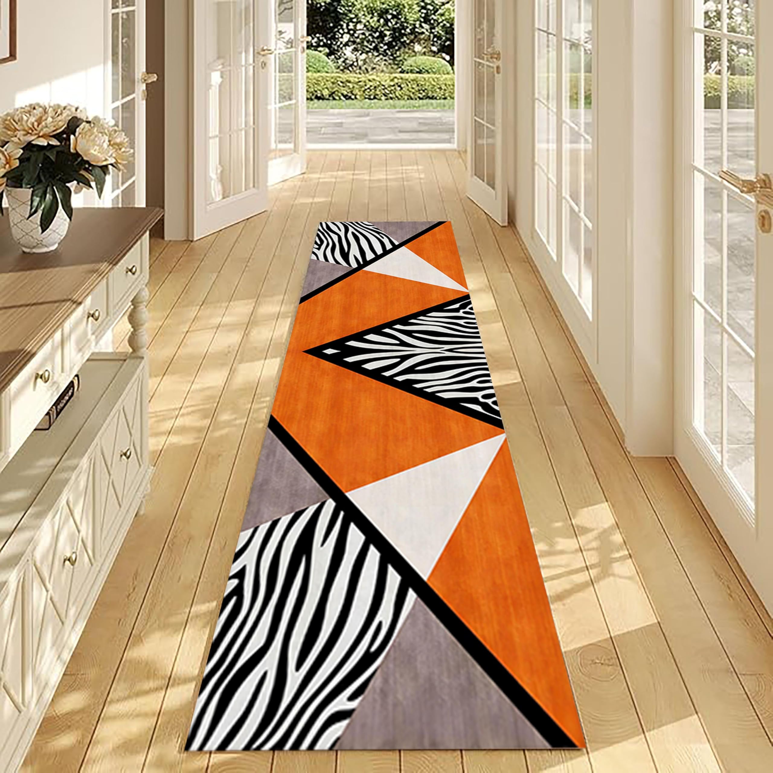 Modern Geometric Runner Rug, 120x300cm,Washable Zebra Pattern Orange Gray Abstract Art Aesthetic Entrance Rugs, Minimalist Home Decor, Indoor Non-Slip Durable Non-Linting Carpet for Hallway Kitchen