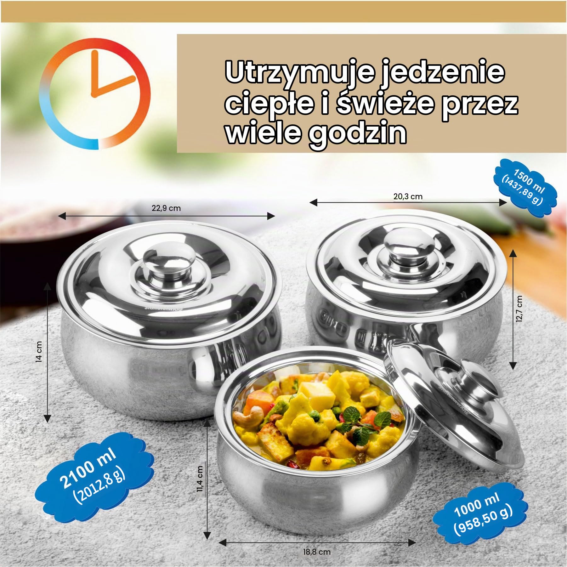 SIGNORA WARE Duże izolowane naczynie do zapiekania z pokrywką, zestaw 3 szt. podgrzewacz do żywności ze stali nierdzewnej – termiczna zupa/miska do serwowania sałatek pojemnik na gorące jedzenie ze