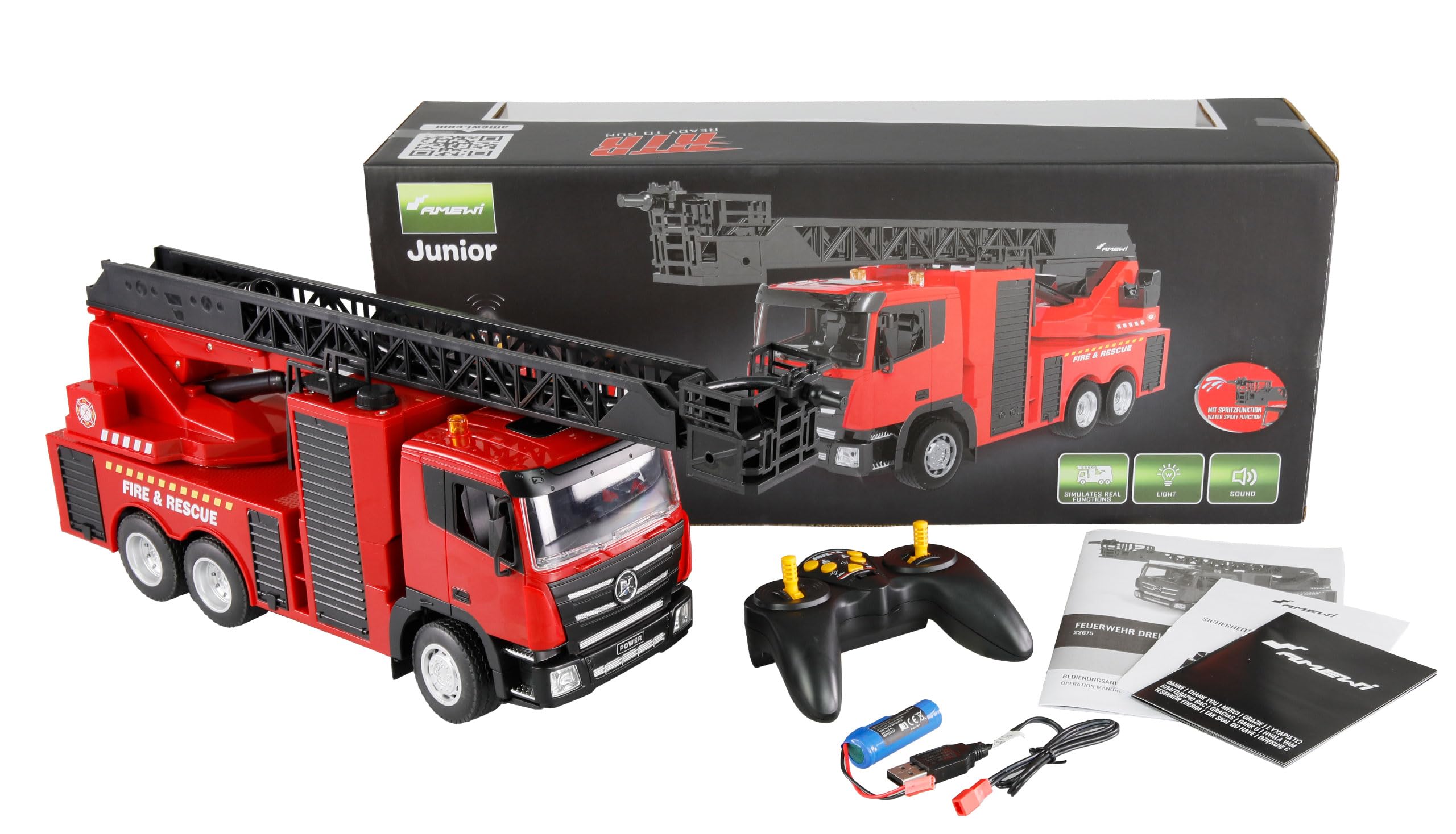 Amewi Veicolo dei vigili del fuoco con scala girevole 1:18 RTR telecomandato RC bambini 8 anni