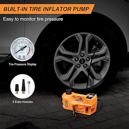 Miniatura 5 de BEETRO Gato eléctrico para automóvil de 3 toneladas, elevador hidráulico con bomba infladora integrada, luces LED y llave eléctrica, gato portátil