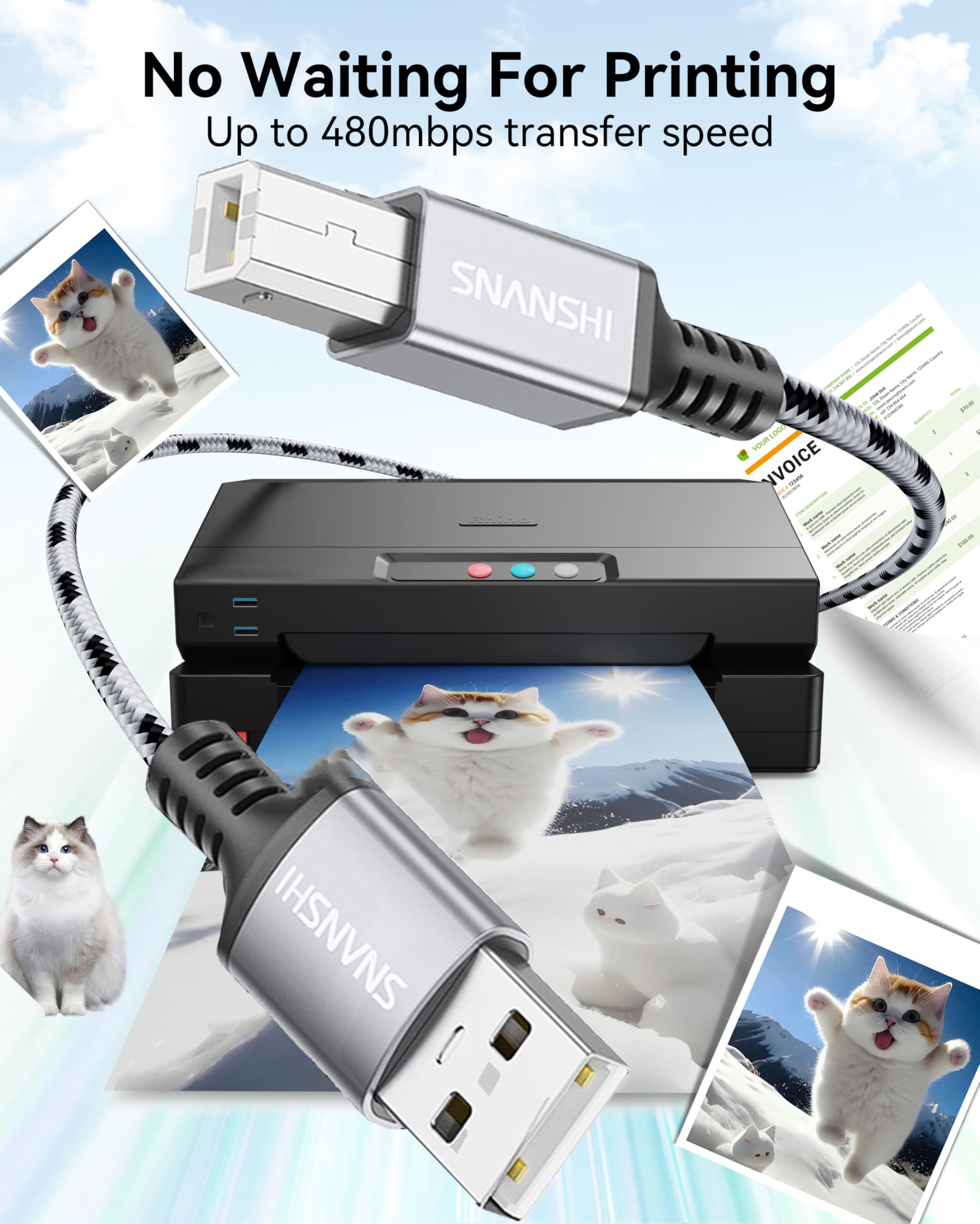 SNANSHI Cavo USB per stampante, 1,8 m, in nylon intrecciato ad alta velocità, USB 2.0 tipo A maschio a B maschio, cavo per stampante HP, Canon, Brother, Epson, cavo MIDI per interfaccia audio