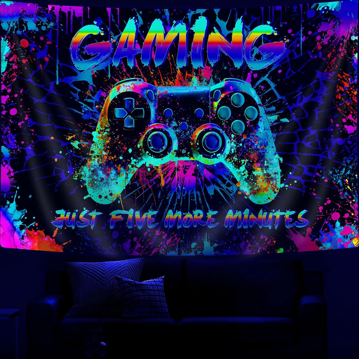 Lacoiime Boys Cool Gaming Graffiti Tapestry Wall Hangings, UV Colorful Gamers Neon Tapestry, Fun Teen Bedroom Room Dorm College Retro 80's Video Game Tapestries, 60 X 40 IN