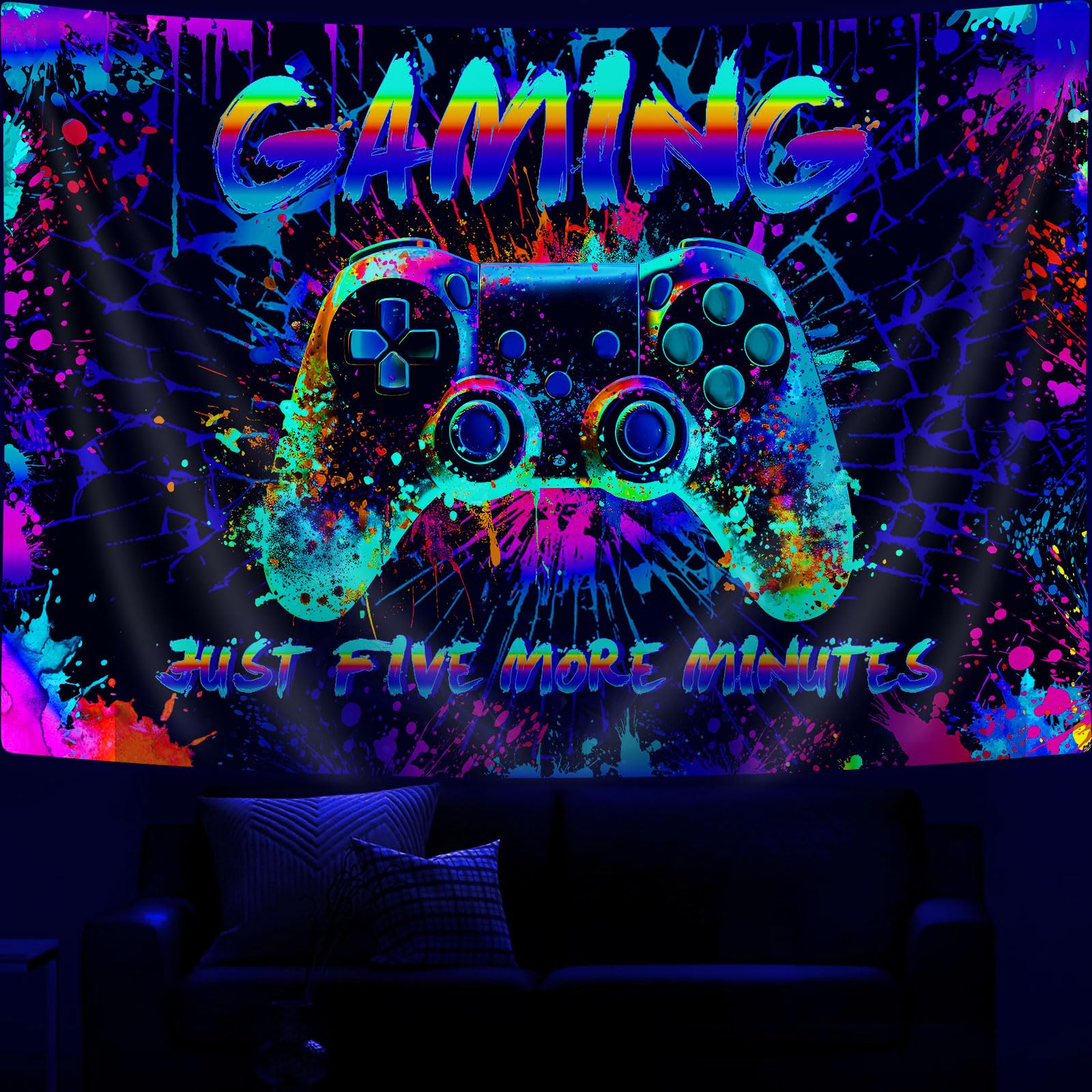 Lacoiime Boys Cool Gaming Graffiti Tapestry Wall Hangings, UV Colorful Gamers Neon Tapestry, Fun Teen Bedroom Room Dorm College Retro 80's Video Game Tapestries, 60 X 40 IN