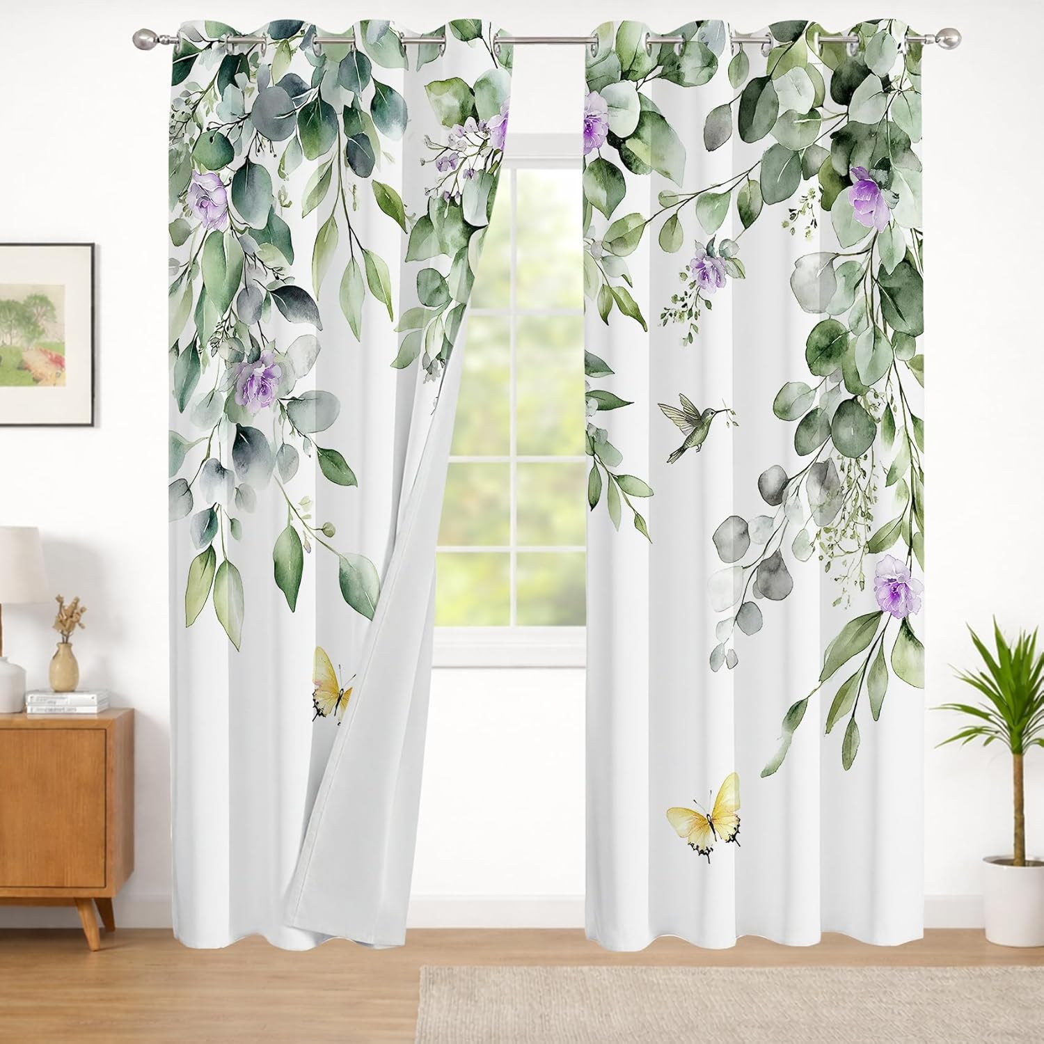 Spring Purple Floral Curtains for Living Room, Green Leaves and Butterfly Bird on White Room Darkening Curtains Flower Plant Window Curtain Panels for Bedroom, 42 X 84 inch