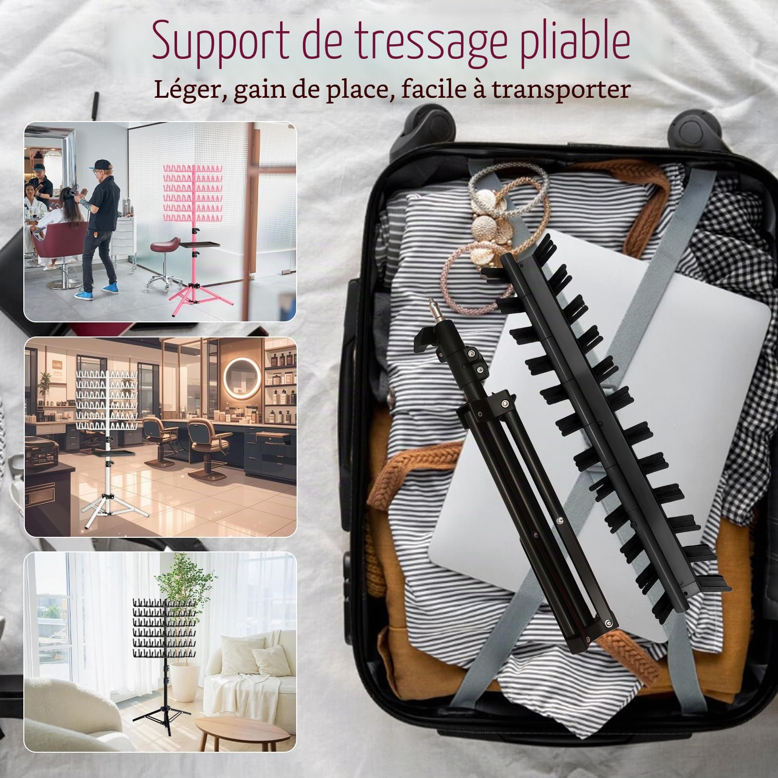 Support pour extensions capillaires à 144 broches avec plateau, pinces à cheveux et peignes - Support pour extensions capillaires - Réglable en hauteur et pliable