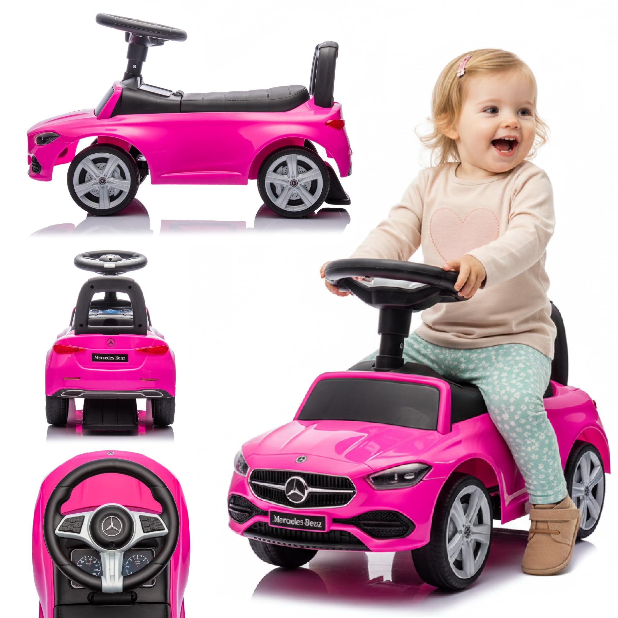 sun baby Mercedes C-Class Push Car, Car for Children from 1 Year Old, Steering Wheel with Audio, Seat with Backrest, Storage Space Under Seat, Roll Protection (Pink)